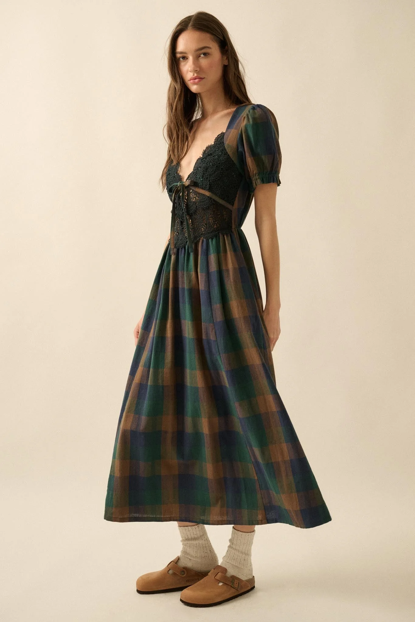 True Country Plaid and Lace Puff-Sleeve Midi Dress - Image 14
