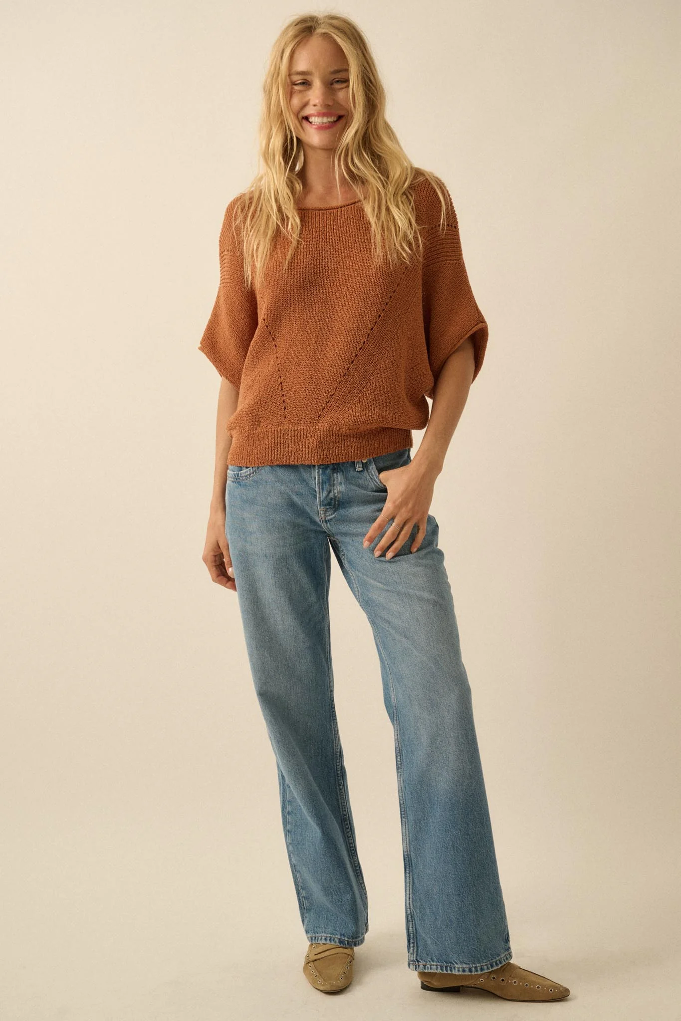True Self Short-Sleeve Pointelle Rib-Knit Sweater - Image 19