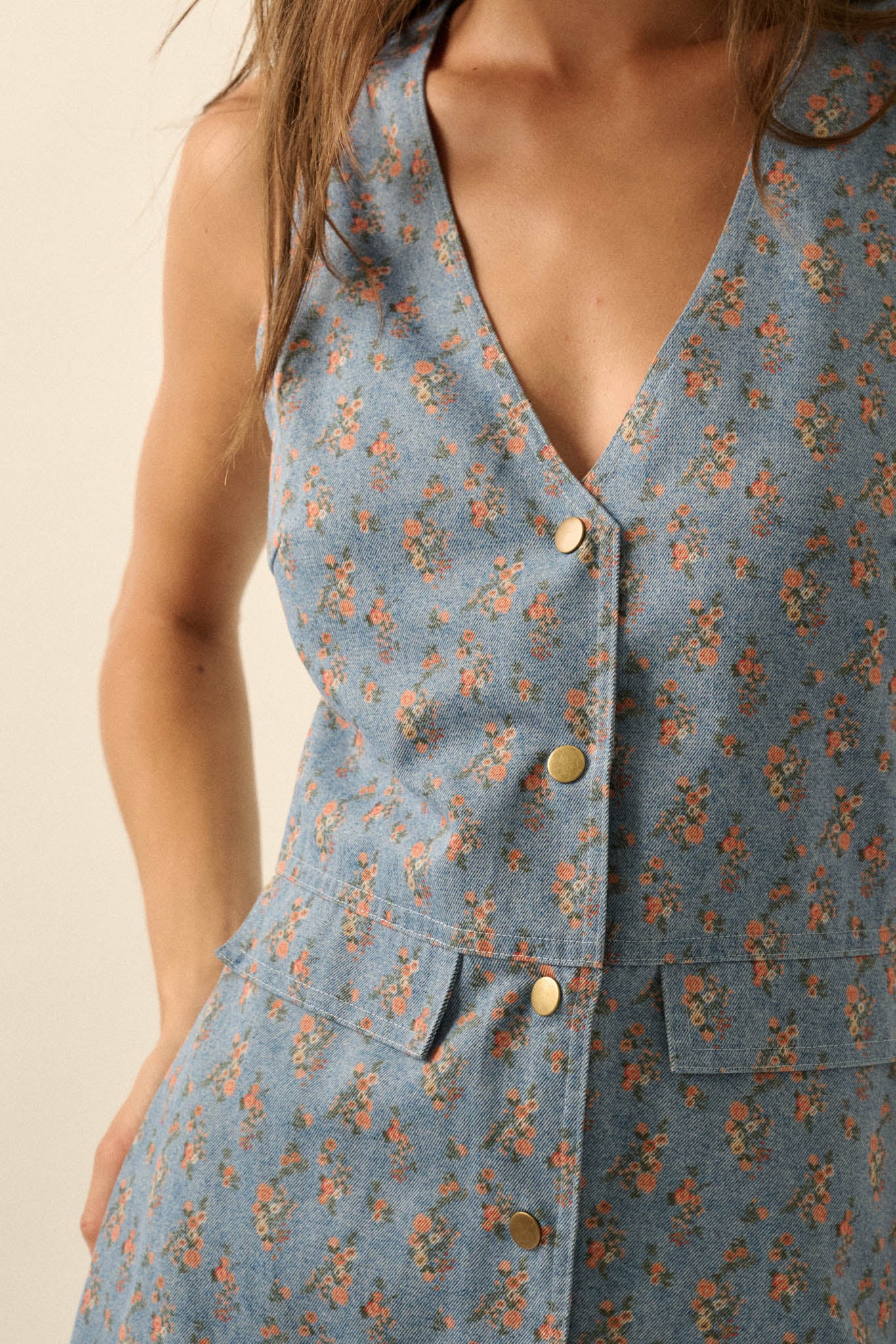 Twill Garden Floral-Print Denim Vest Romper - Image 5