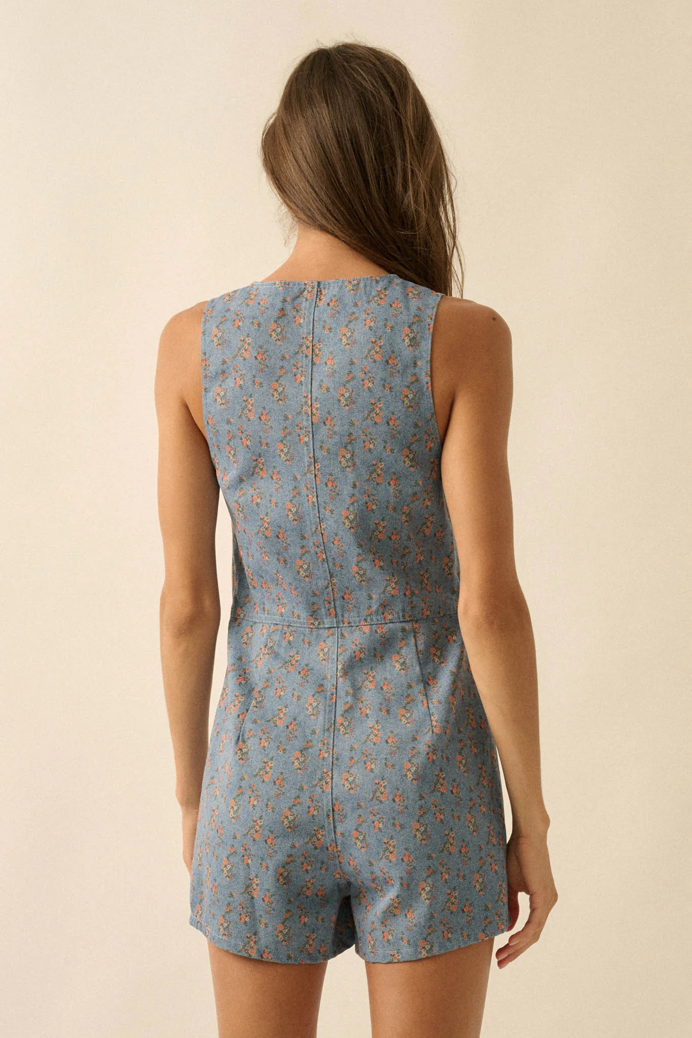 Twill Garden Floral-Print Denim Vest Romper - Image 9