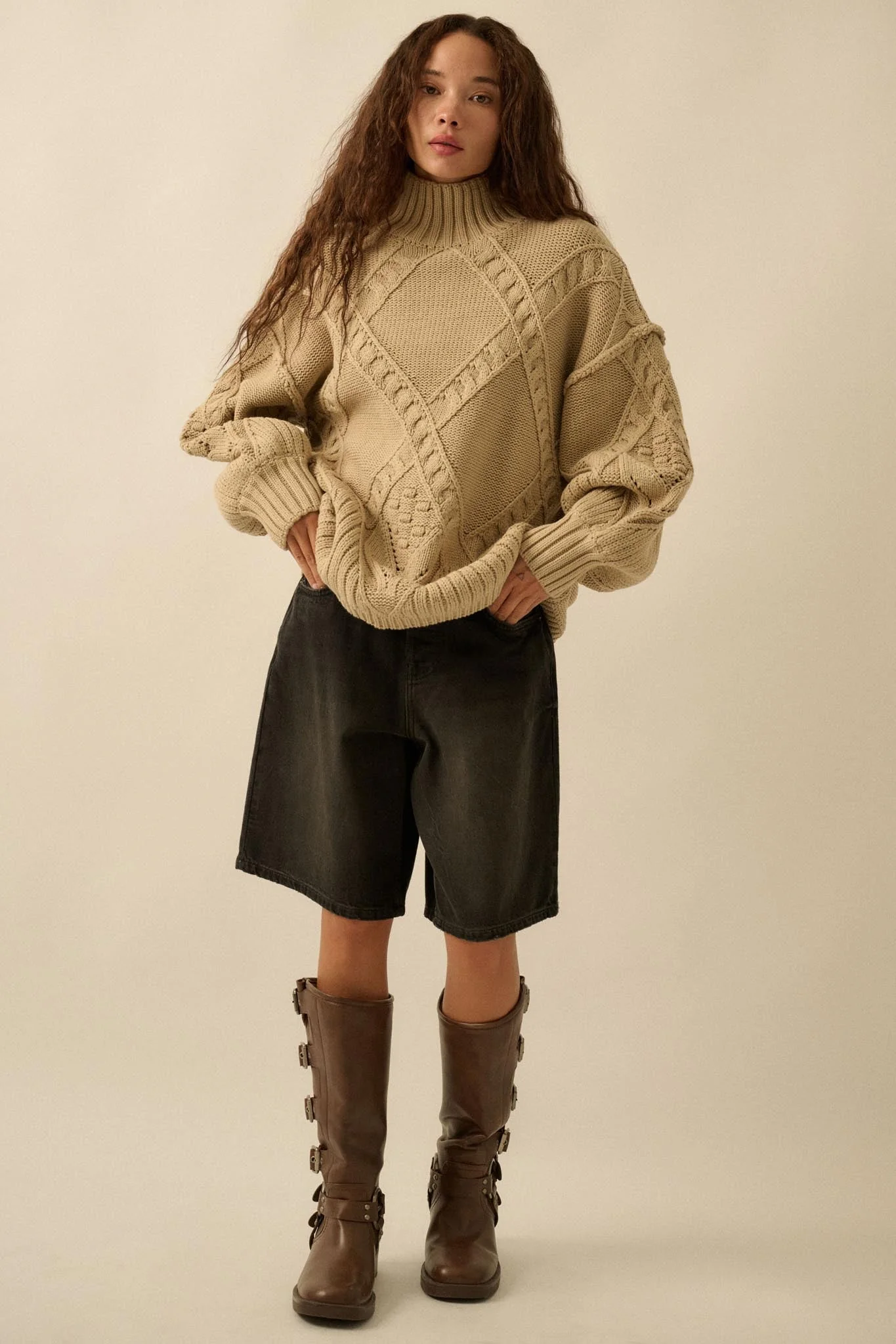 Twist Ending Oversize Cable Knit Mock-Neck Sweater - Image 6