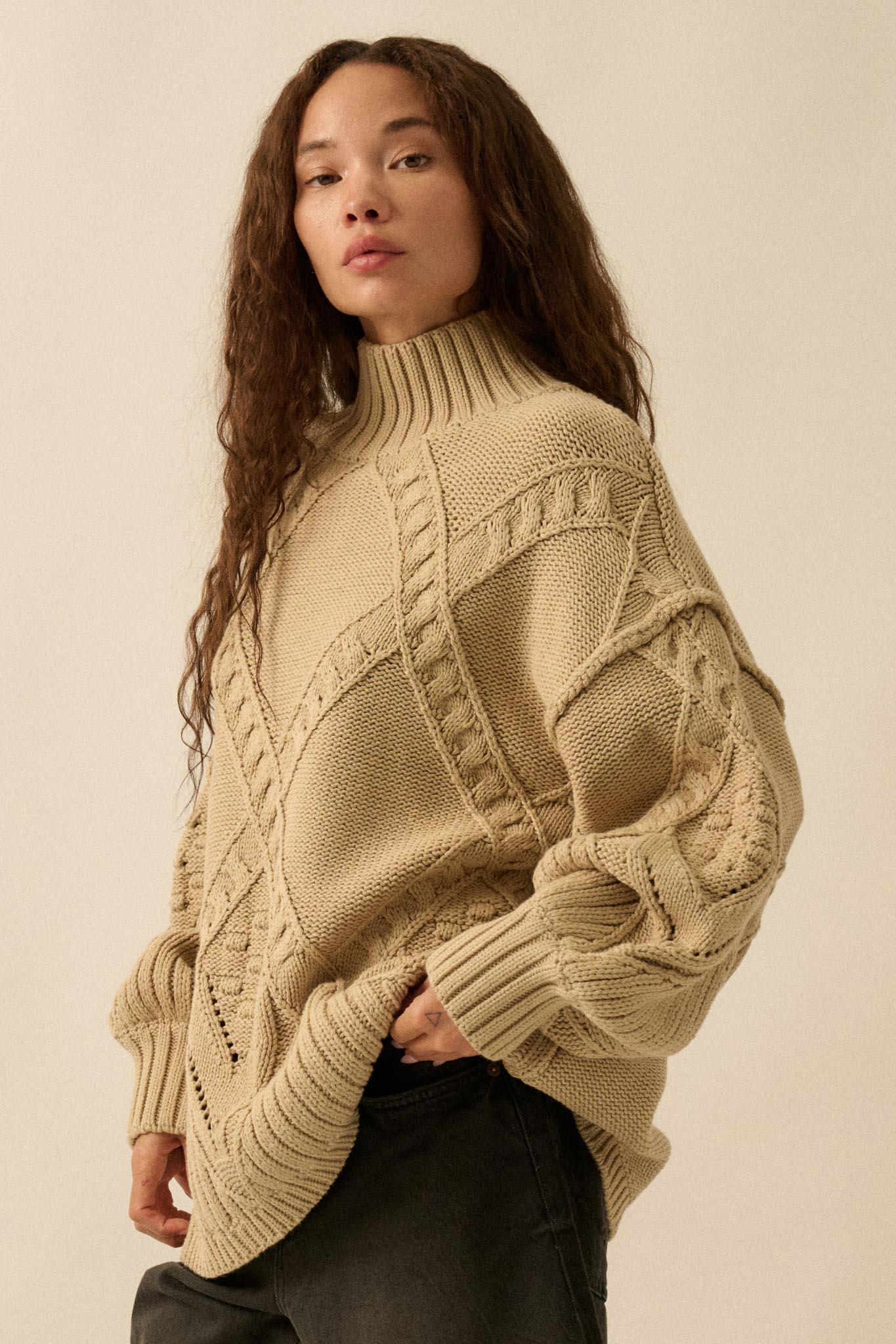 Twist Ending Oversize Cable Knit Mock-Neck Sweater - Image 8