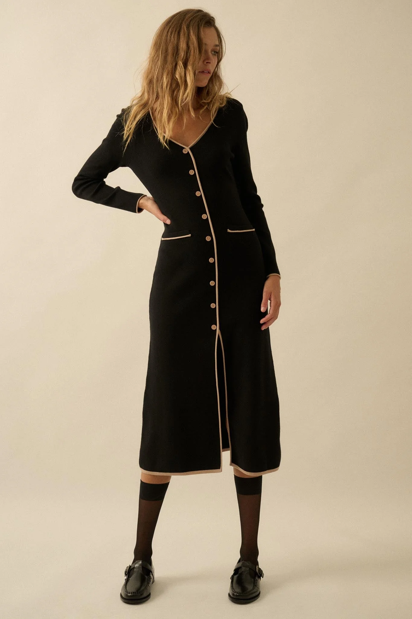 Uptown Girl Button-Detail Rib-Knit Midi Dress