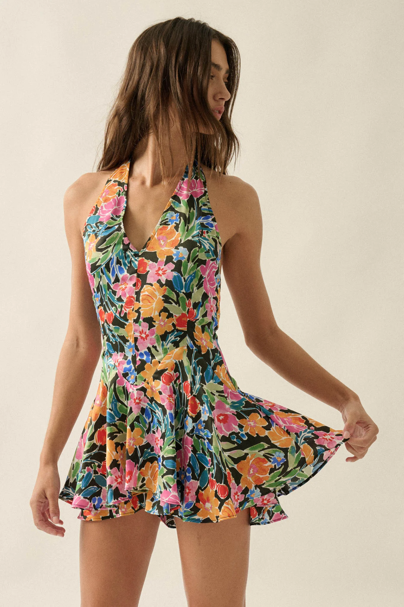 Vibrant Blooms Floral Satin V-Neck Halter Romper - Image 4