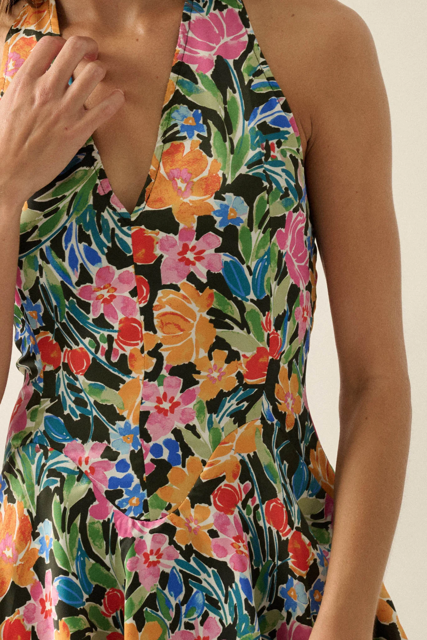 Vibrant Blooms Floral Satin V-Neck Halter Romper - Image 5