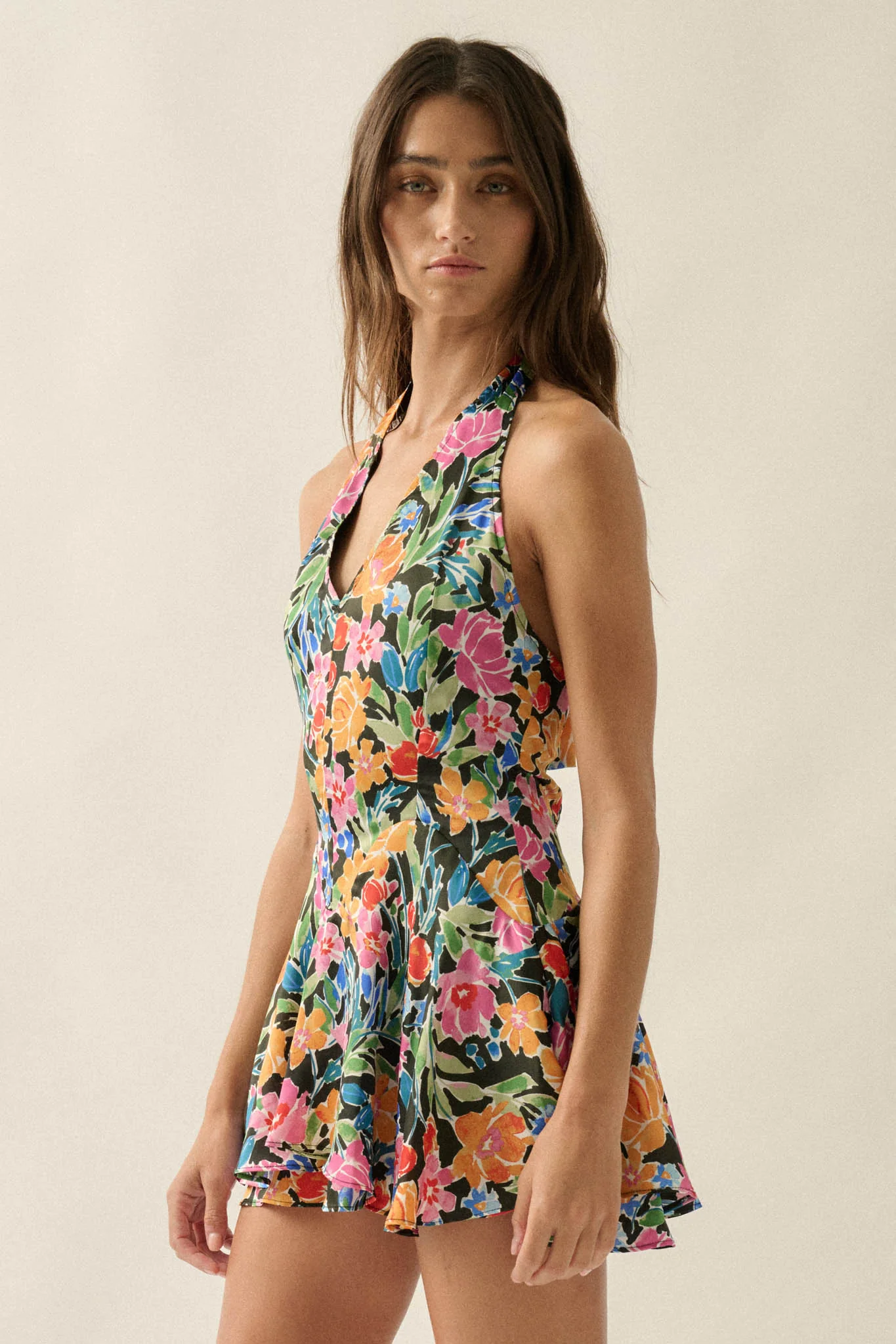 Vibrant Blooms Floral Satin V-Neck Halter Romper - Image 8