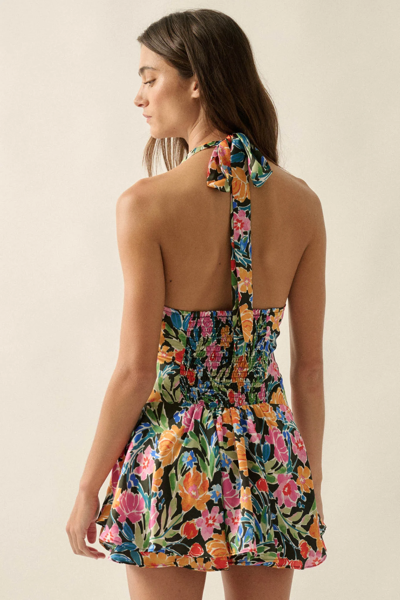 Vibrant Blooms Floral Satin V-Neck Halter Romper - Image 9