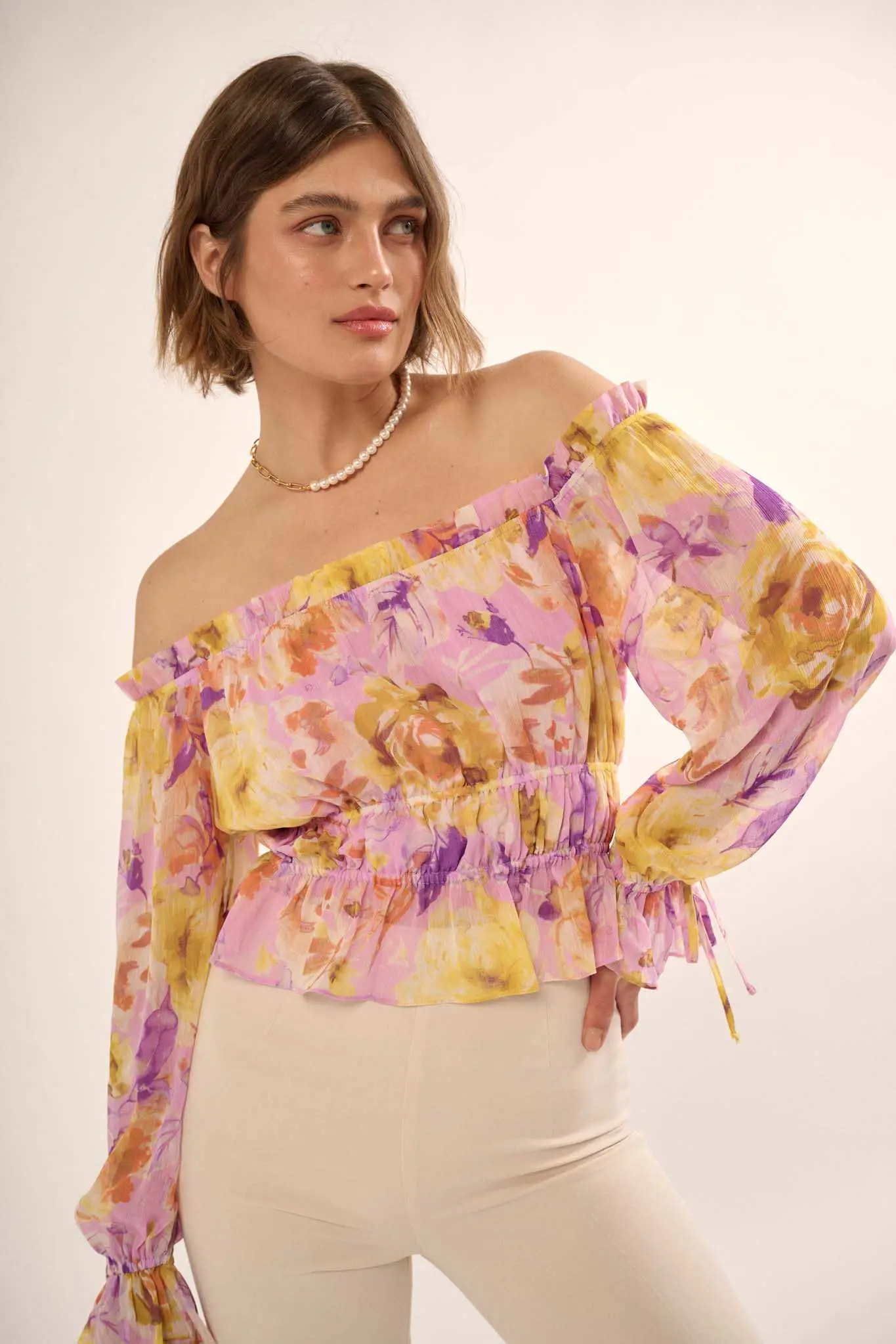 Violet Hour Floral Chiffon Off-Shoulder Peasant Top - Image 3