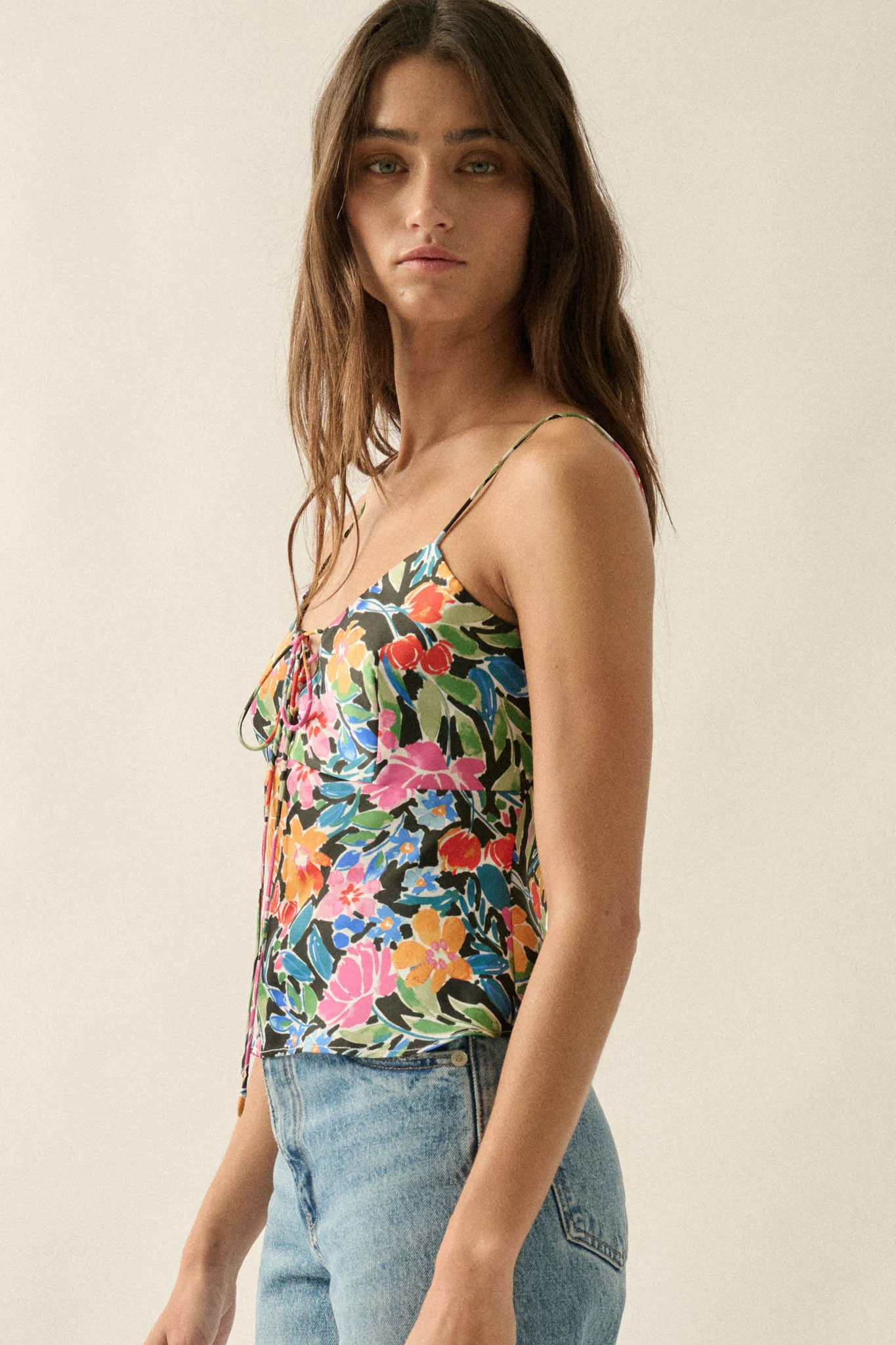 Vivid Blossoms Floral Satin Lace-Up Cami Top - Image 5