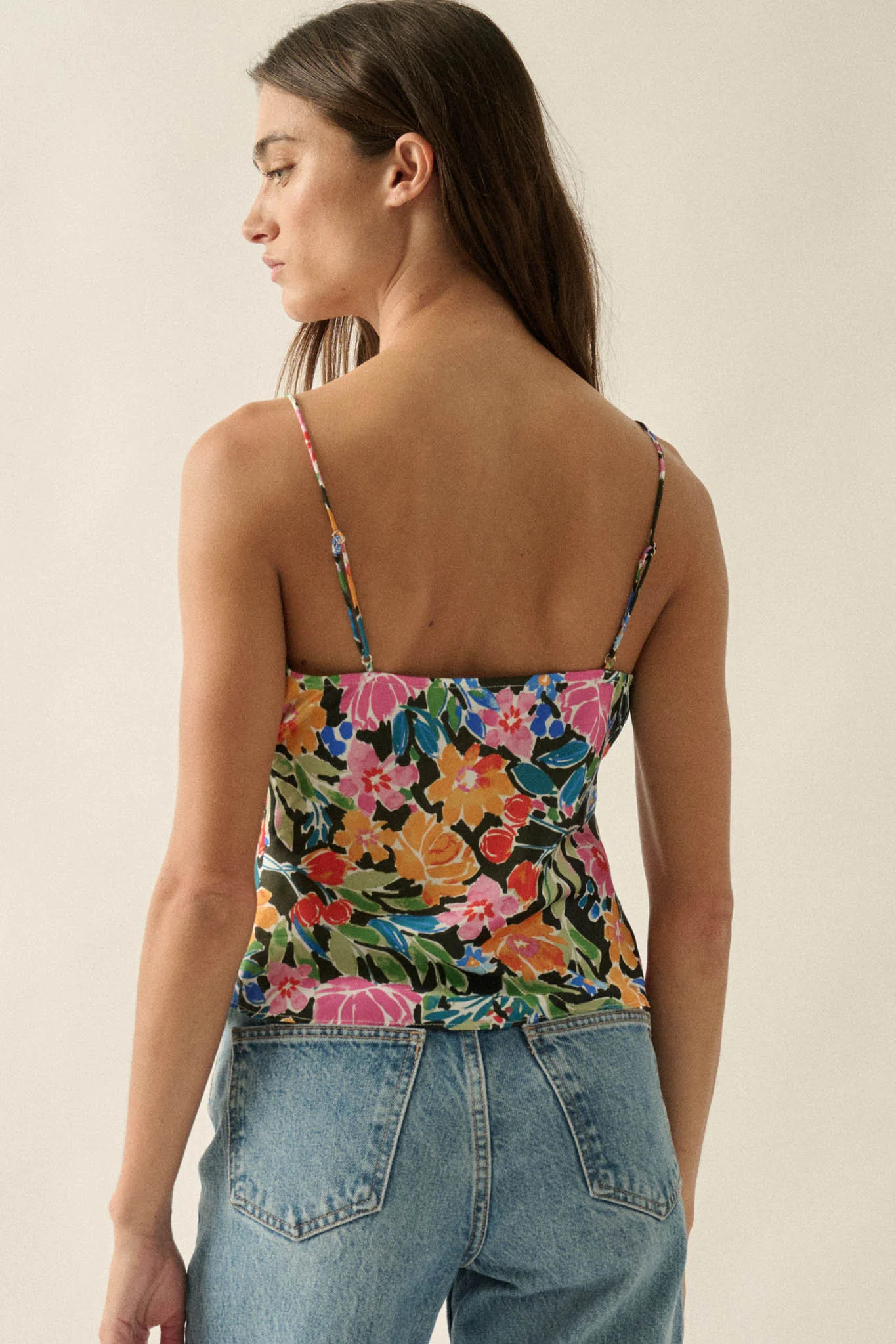 Vivid Blossoms Floral Satin Lace-Up Cami Top - Image 6