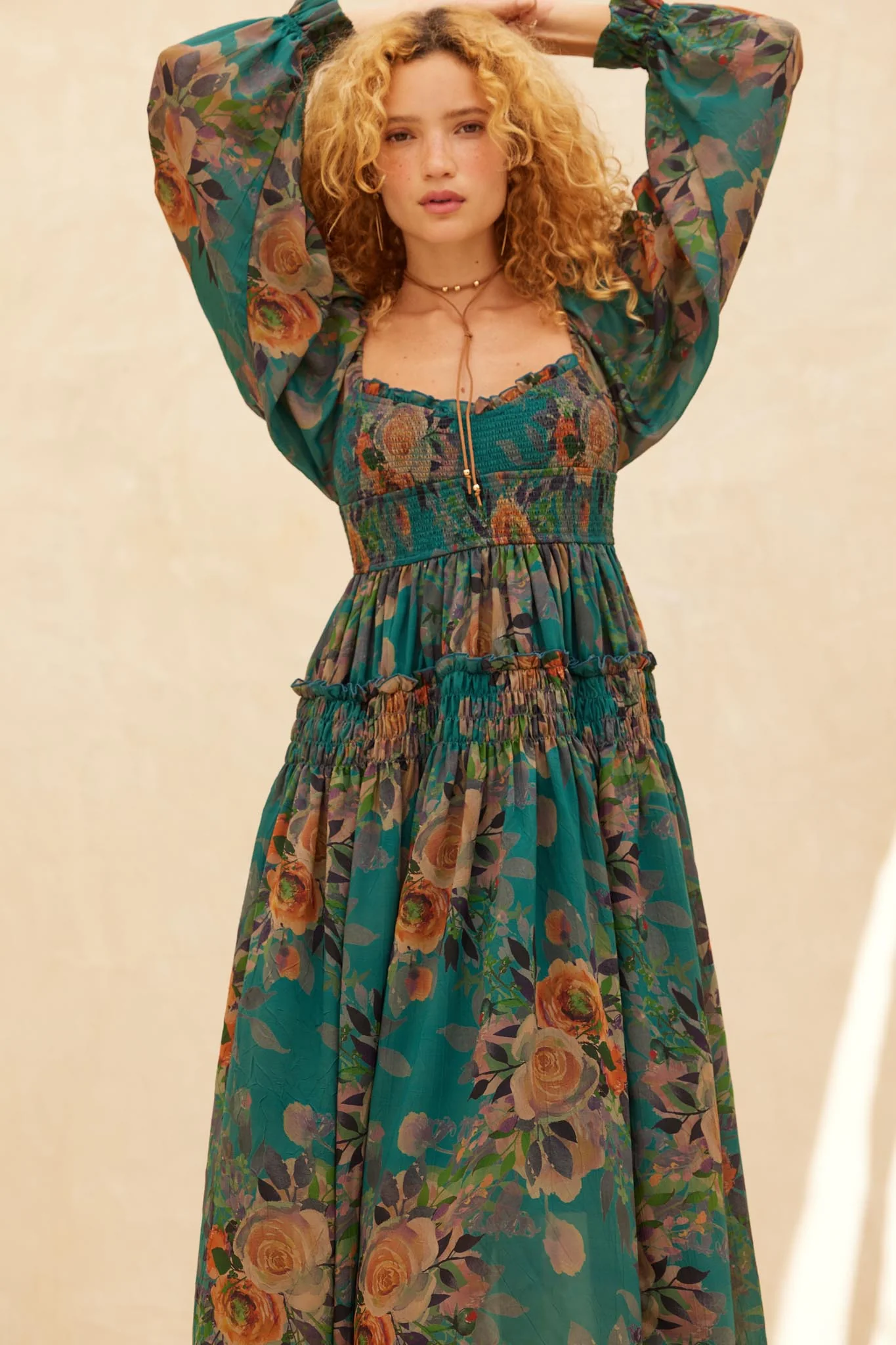 Wandering Rose Smocked Floral Chiffon Midi Dress - Image 12