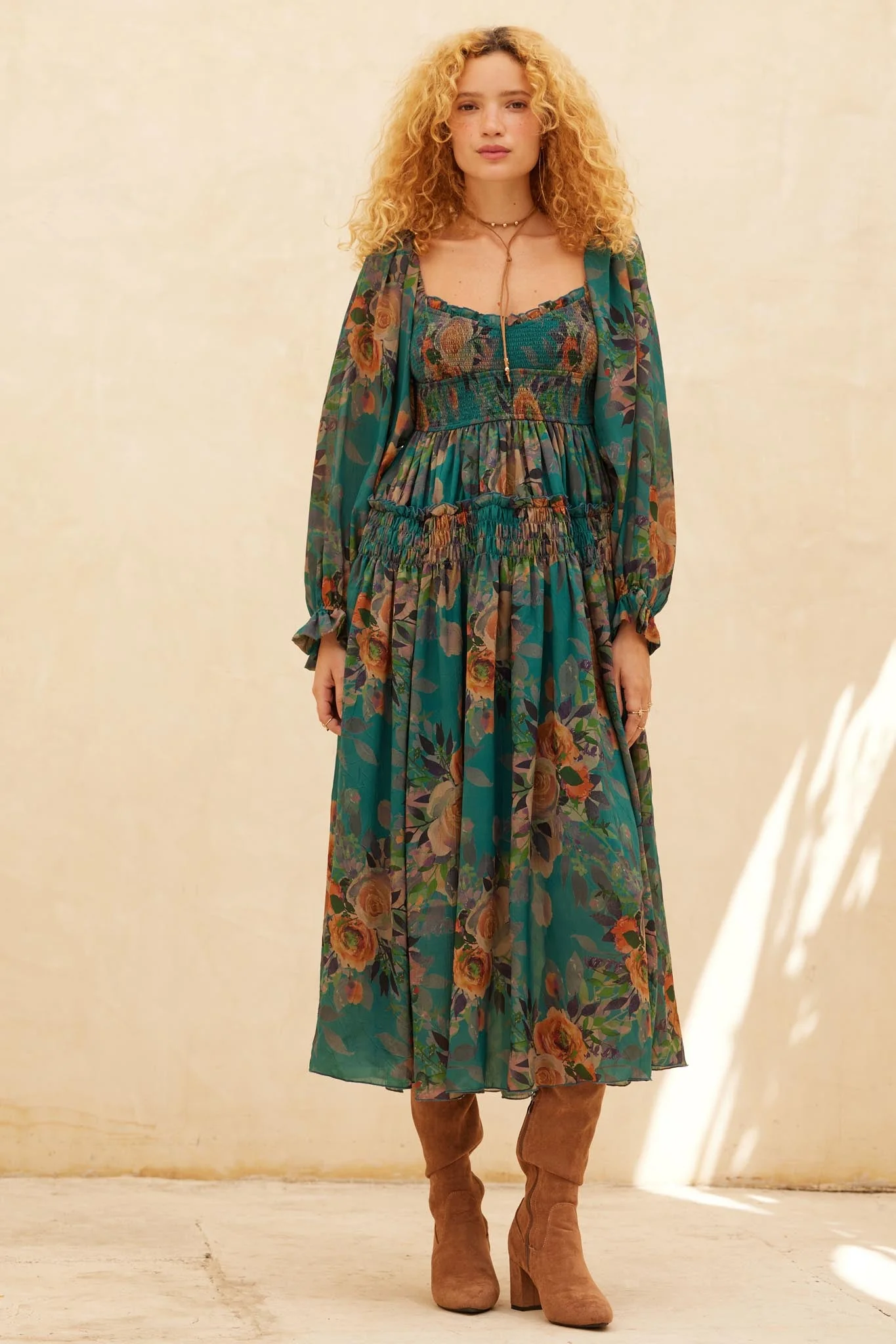 Wandering Rose Smocked Floral Chiffon Midi Dress - Image 13