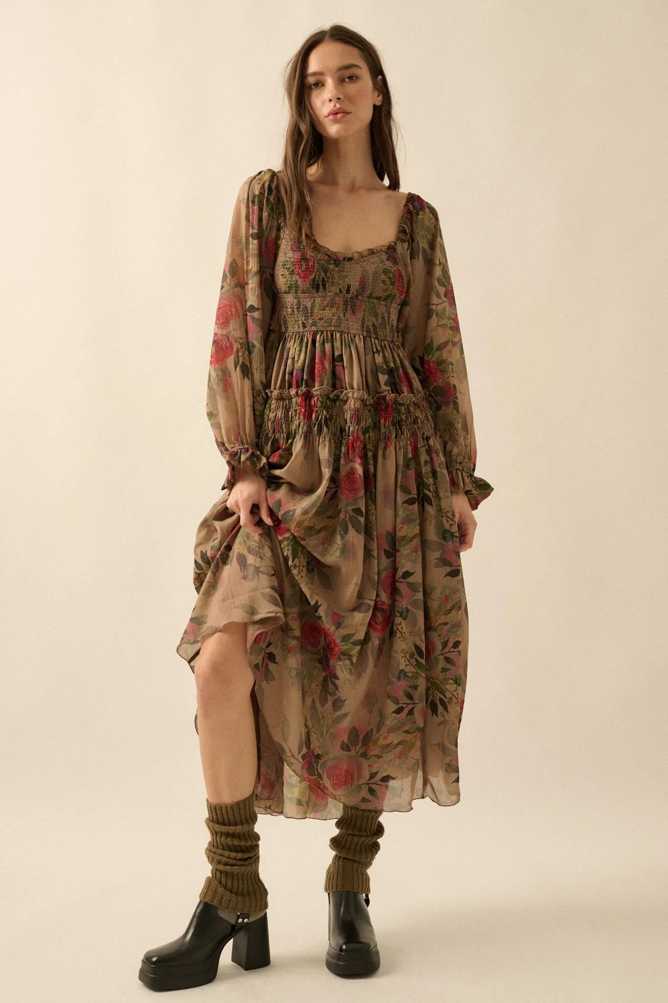 Wandering Rose Smocked Floral Chiffon Midi Dress - Image 18