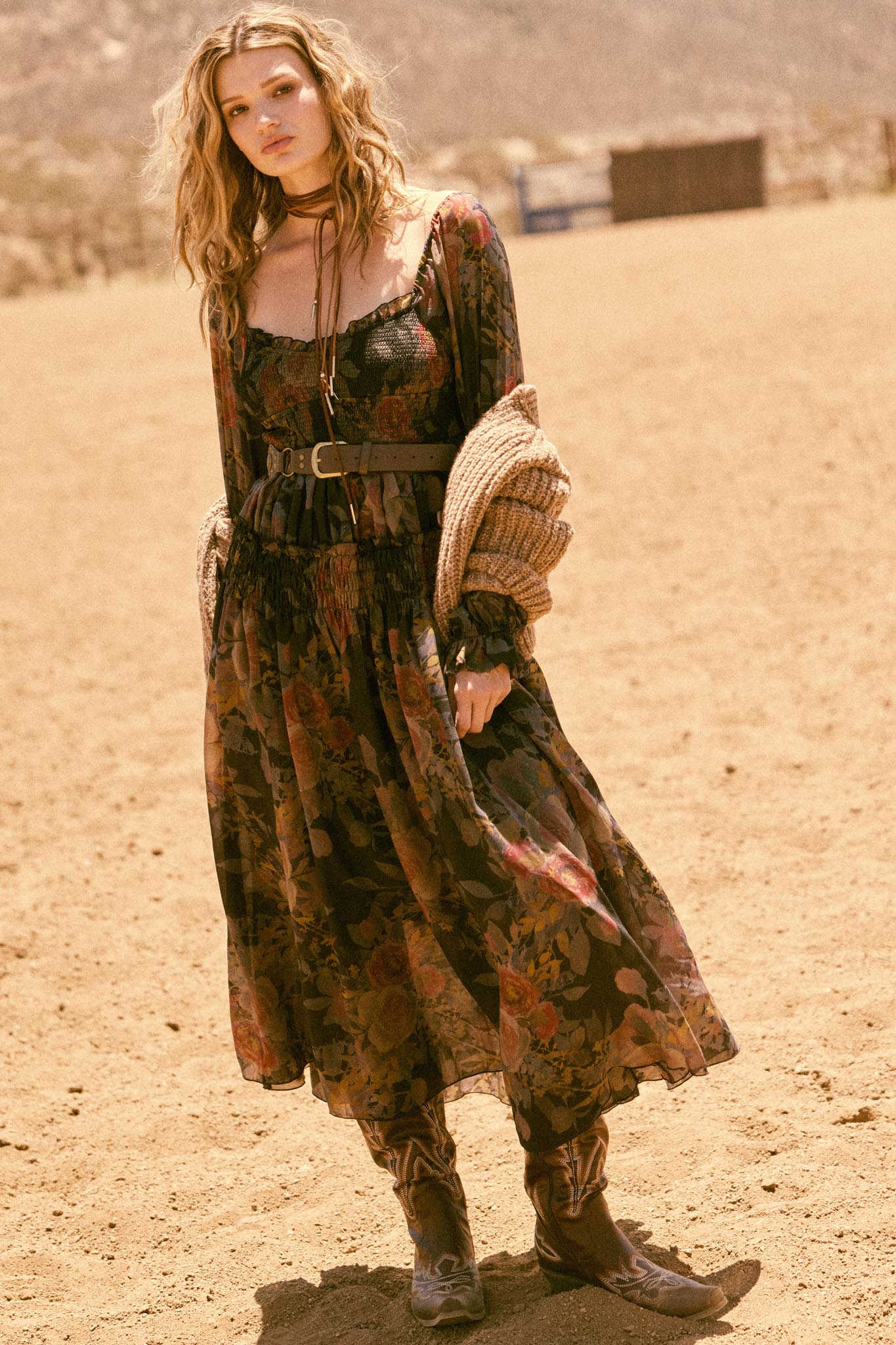 Wandering Rose Smocked Floral Chiffon Midi Dress - Image 3