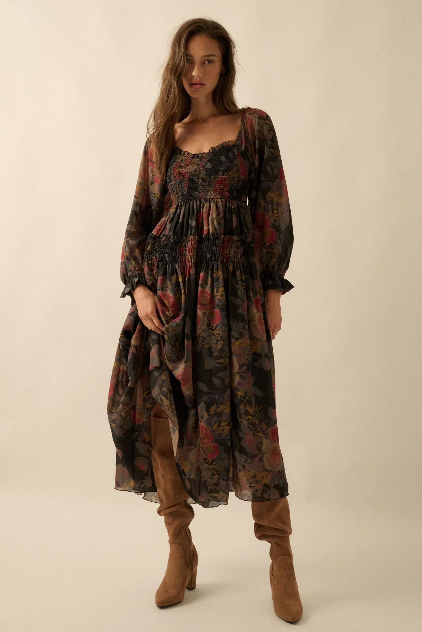 Wandering Rose Smocked Floral Chiffon Midi Dress - Image 4