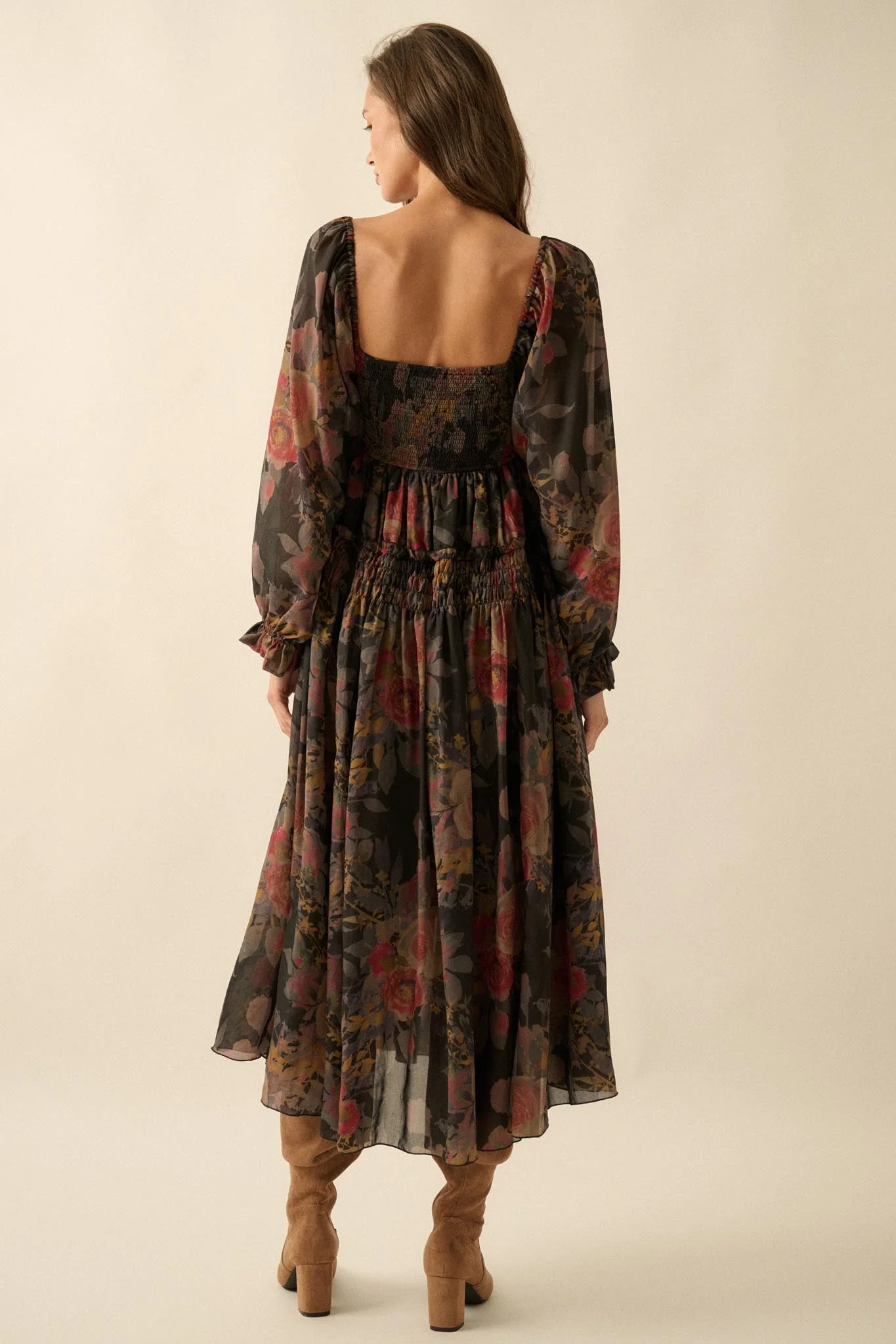 Wandering Rose Smocked Floral Chiffon Midi Dress - Image 9