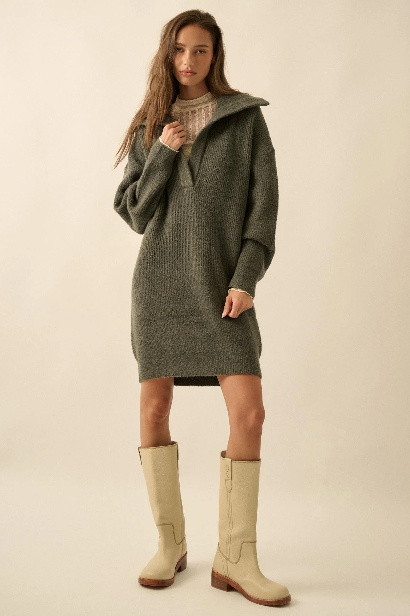 Warm Welcome Collared Split-Neck Mini Sweater Dress - Image 21