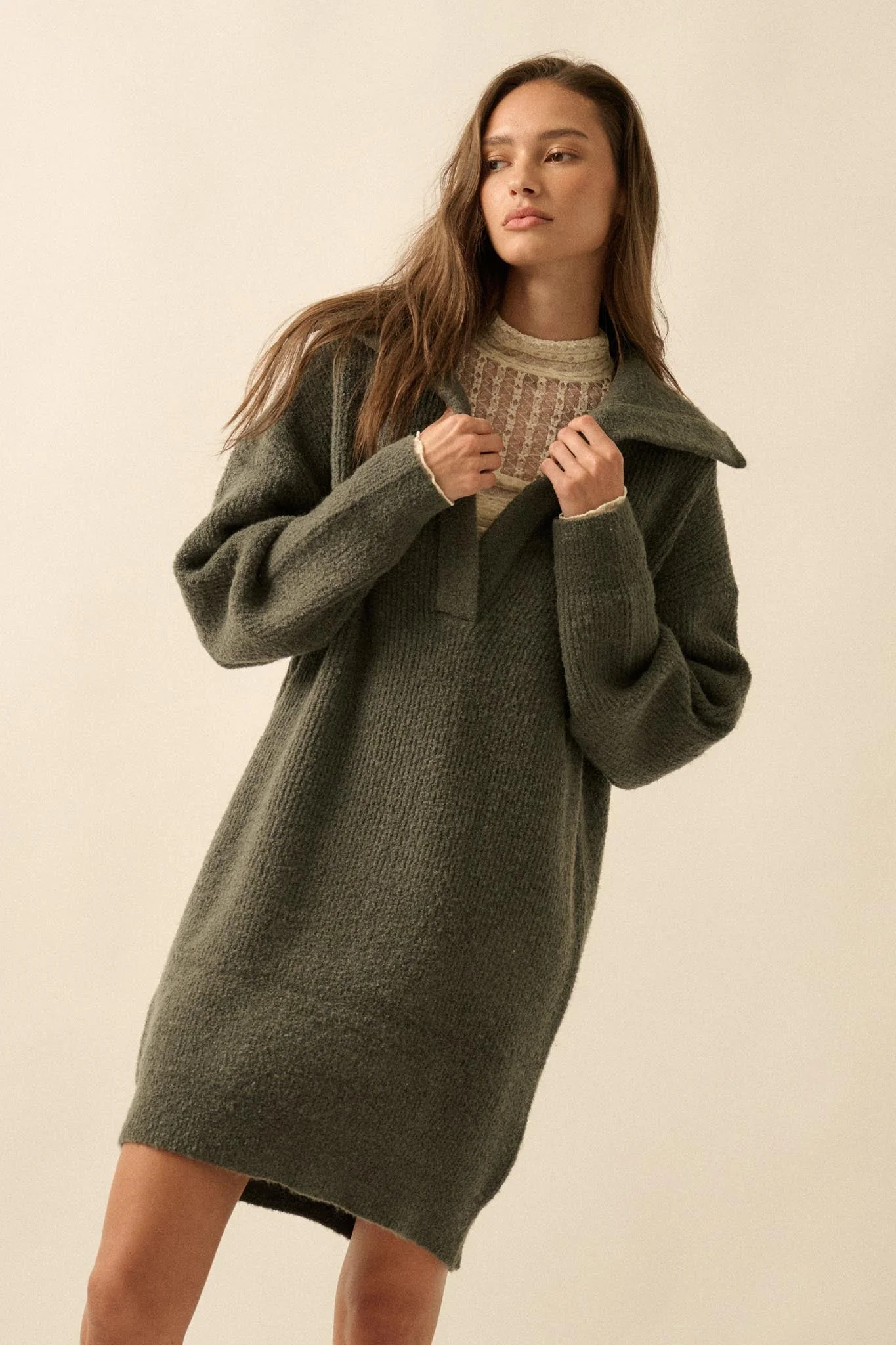 Warm Welcome Collared Split-Neck Mini Sweater Dress - Image 22