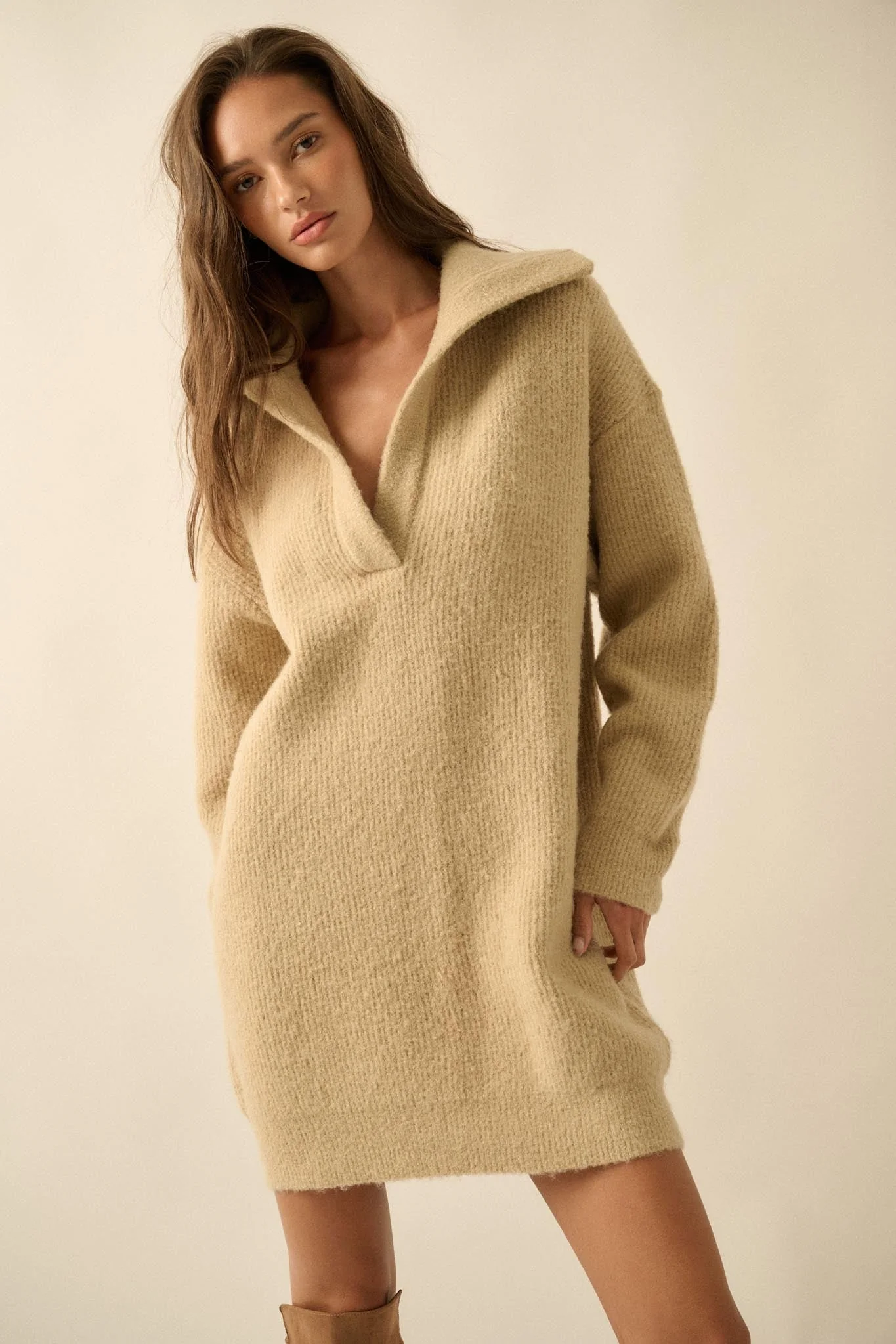 Warm Welcome Collared Split-Neck Mini Sweater Dress - Image 4