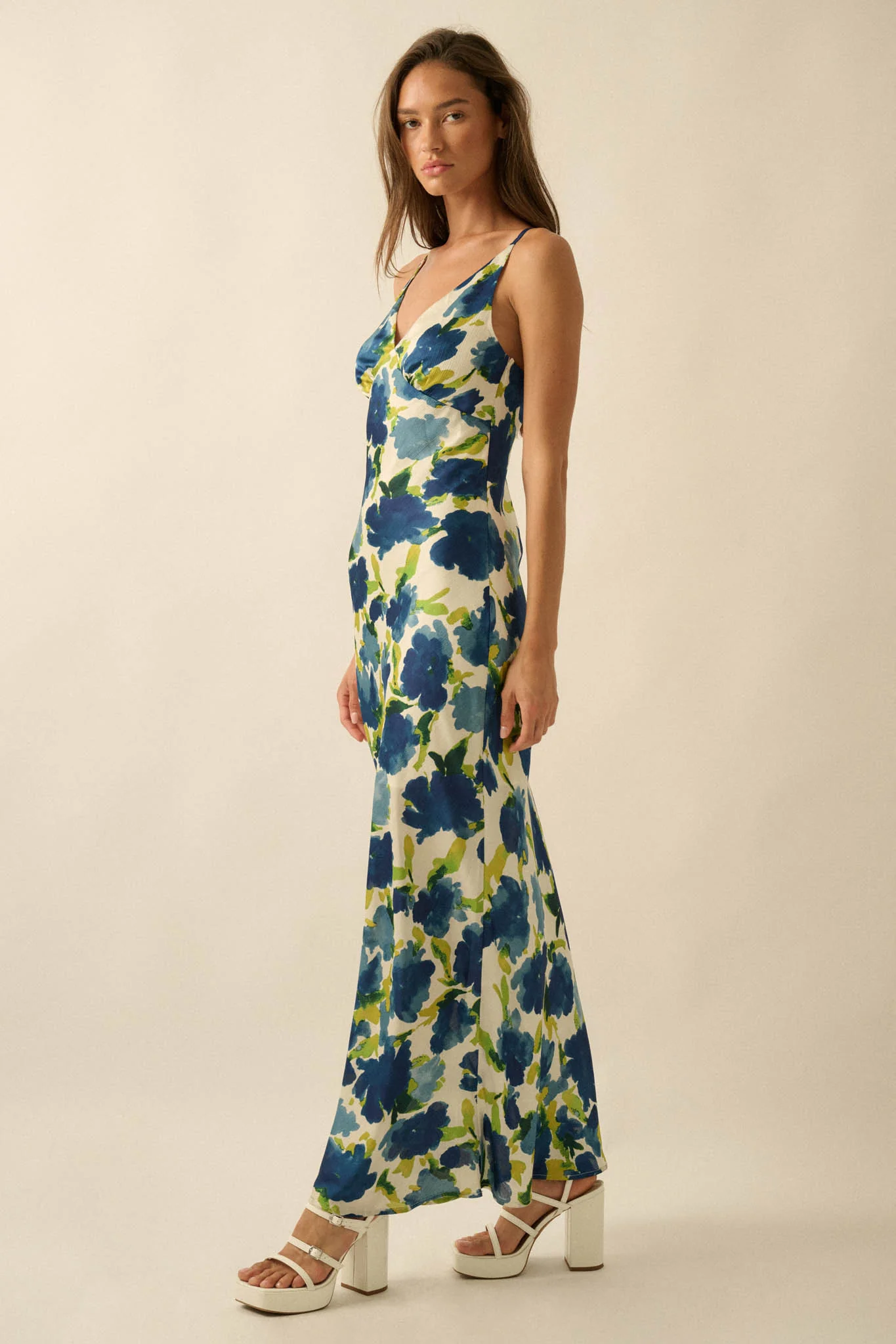 Watercolor Blossoms Floral Crepe Maxi Slip Dress - Image 11