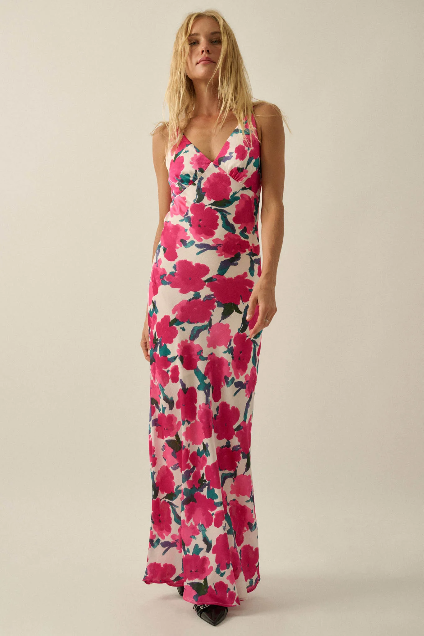 Watercolor Blossoms Floral Crepe Maxi Slip Dress - Image 4