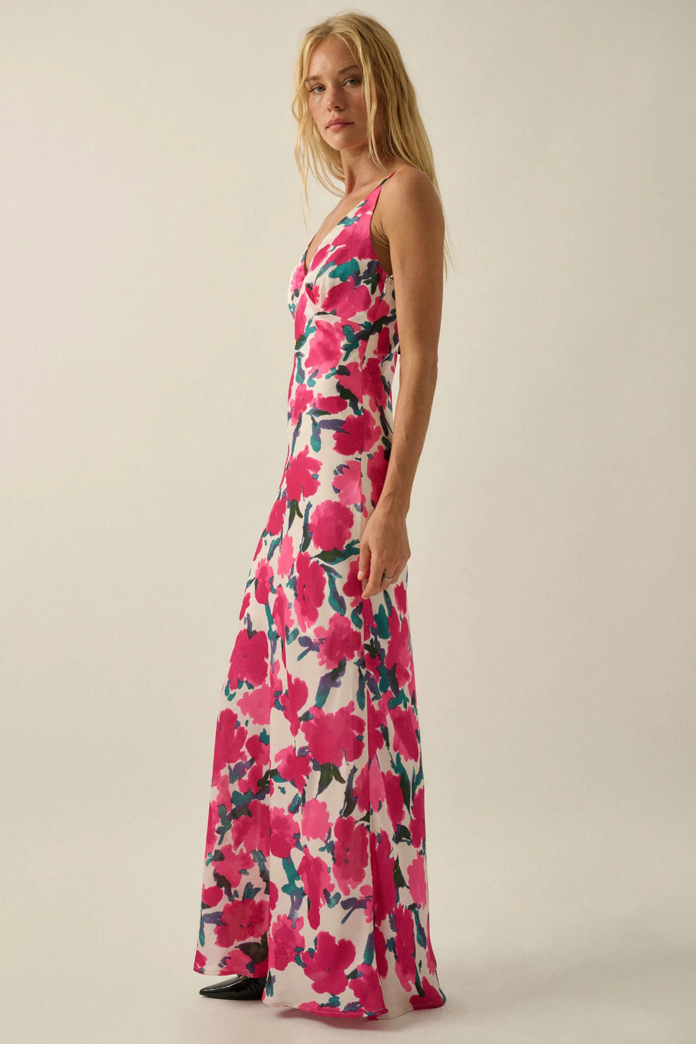 Watercolor Blossoms Floral Crepe Maxi Slip Dress - Image 6