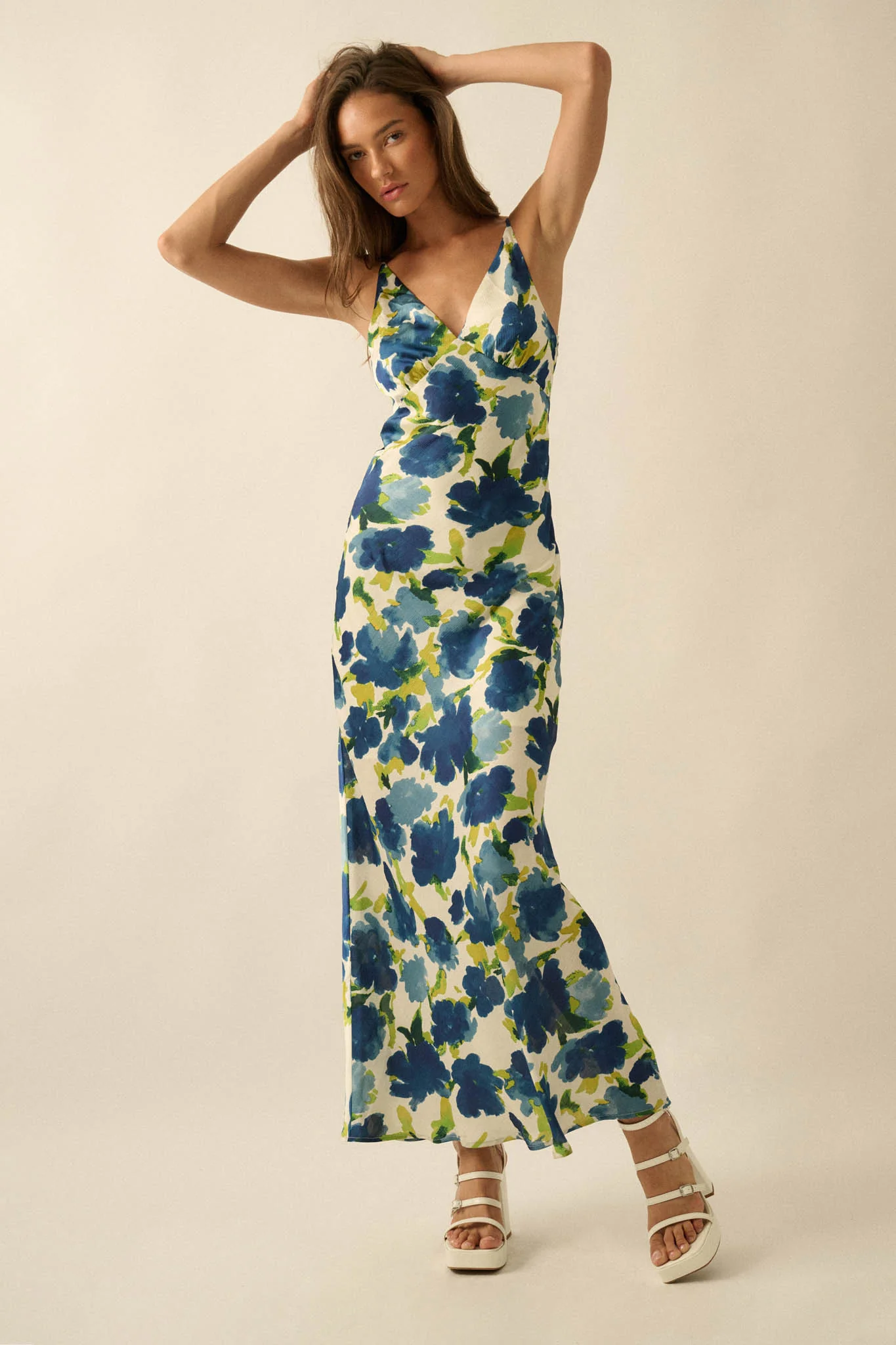 Watercolor Blossoms Floral Crepe Maxi Slip Dress - Image 7