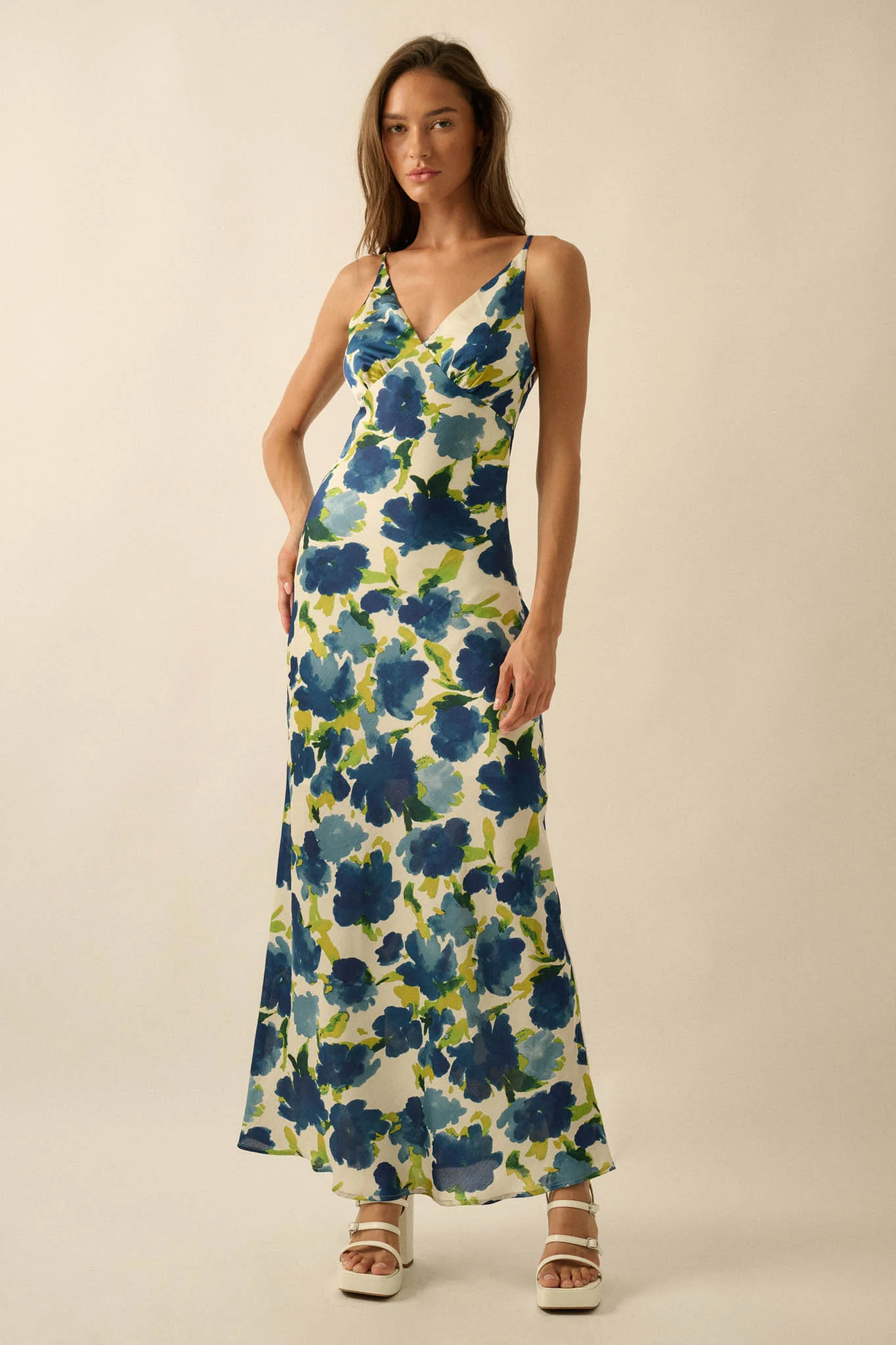 Watercolor Blossoms Floral Crepe Maxi Slip Dress - Image 9