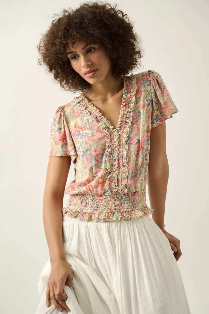 Watercolor Daydream Ruffled Floral Crepe Blouse - Image 3