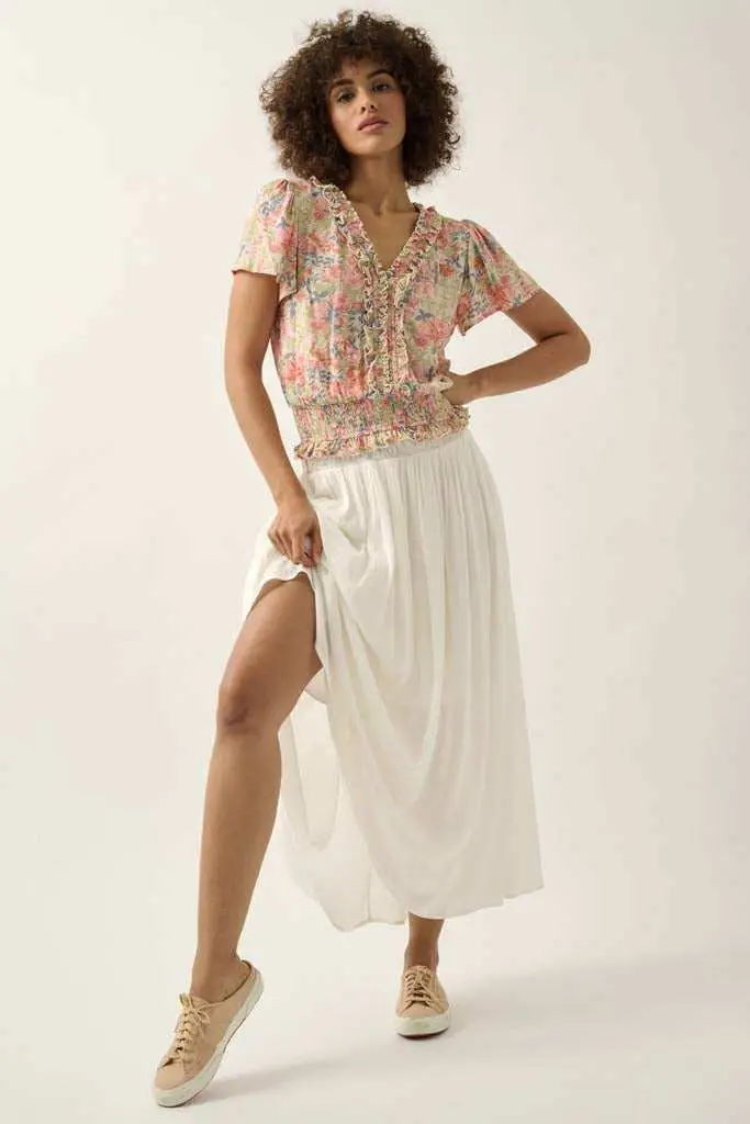 Watercolor Daydream Ruffled Floral Crepe Blouse - Image 4