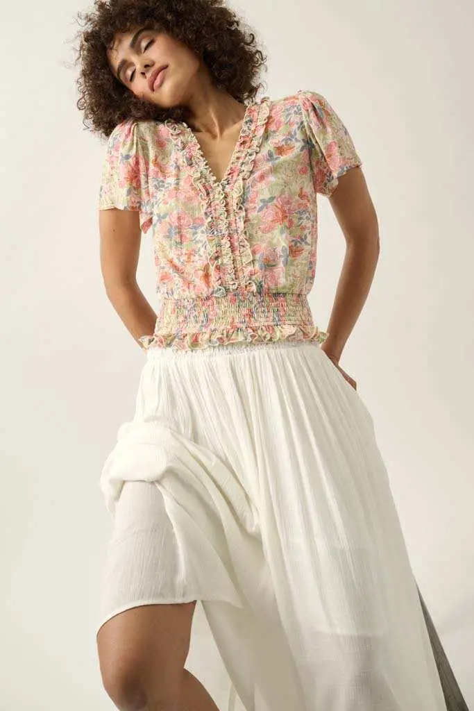 Watercolor Daydream Ruffled Floral Crepe Blouse - Image 5
