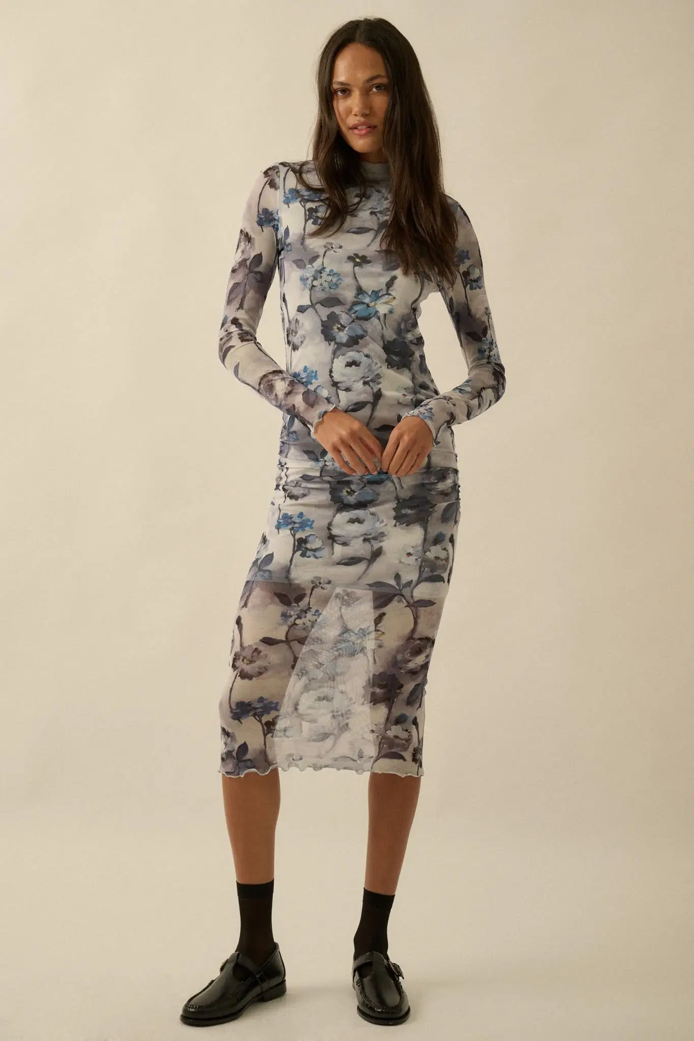 Watercolor Garden Floral Mesh Mock-Neck Midi Dress