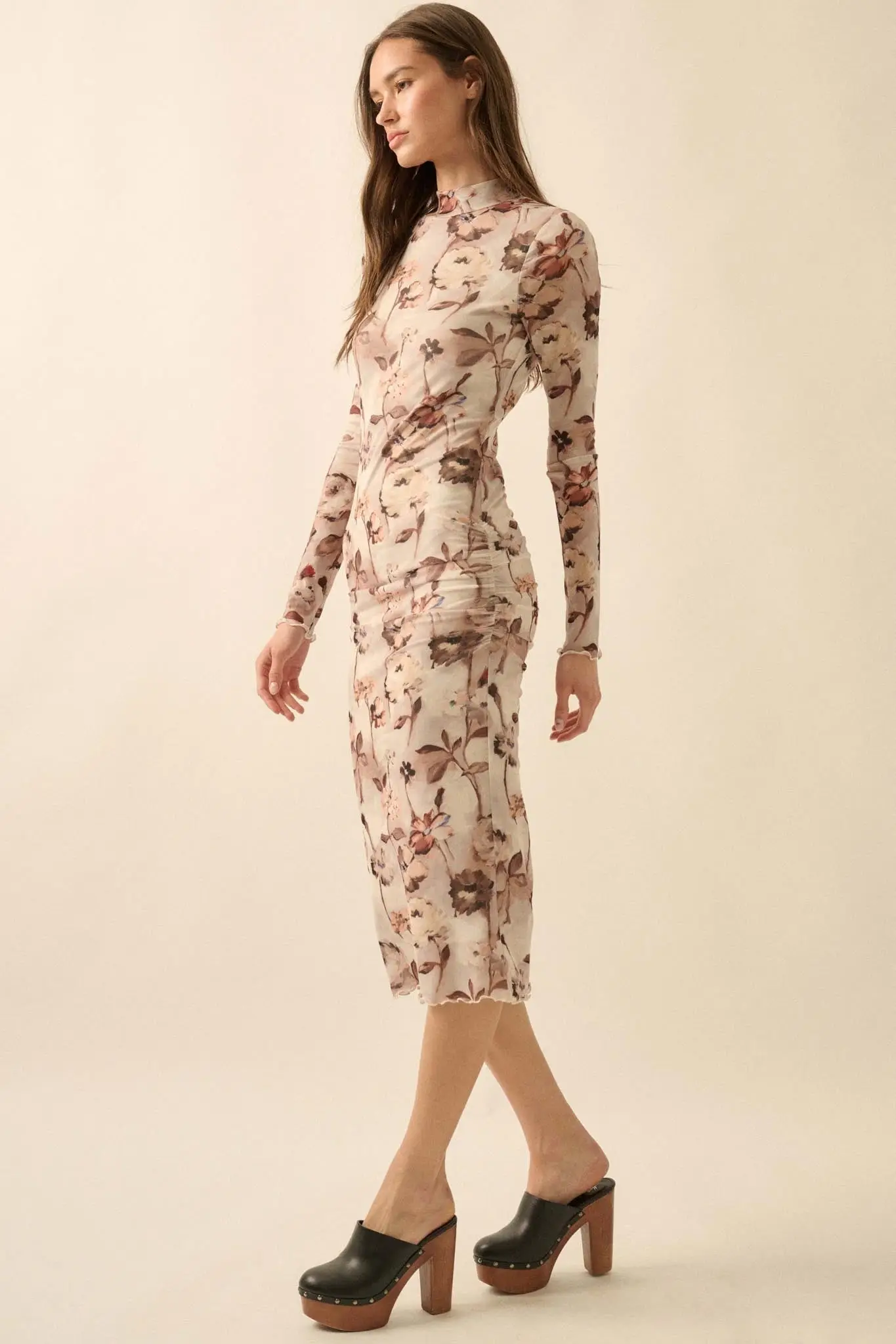 Watercolor Garden Floral Mesh Mock-Neck Midi Dress - Image 11