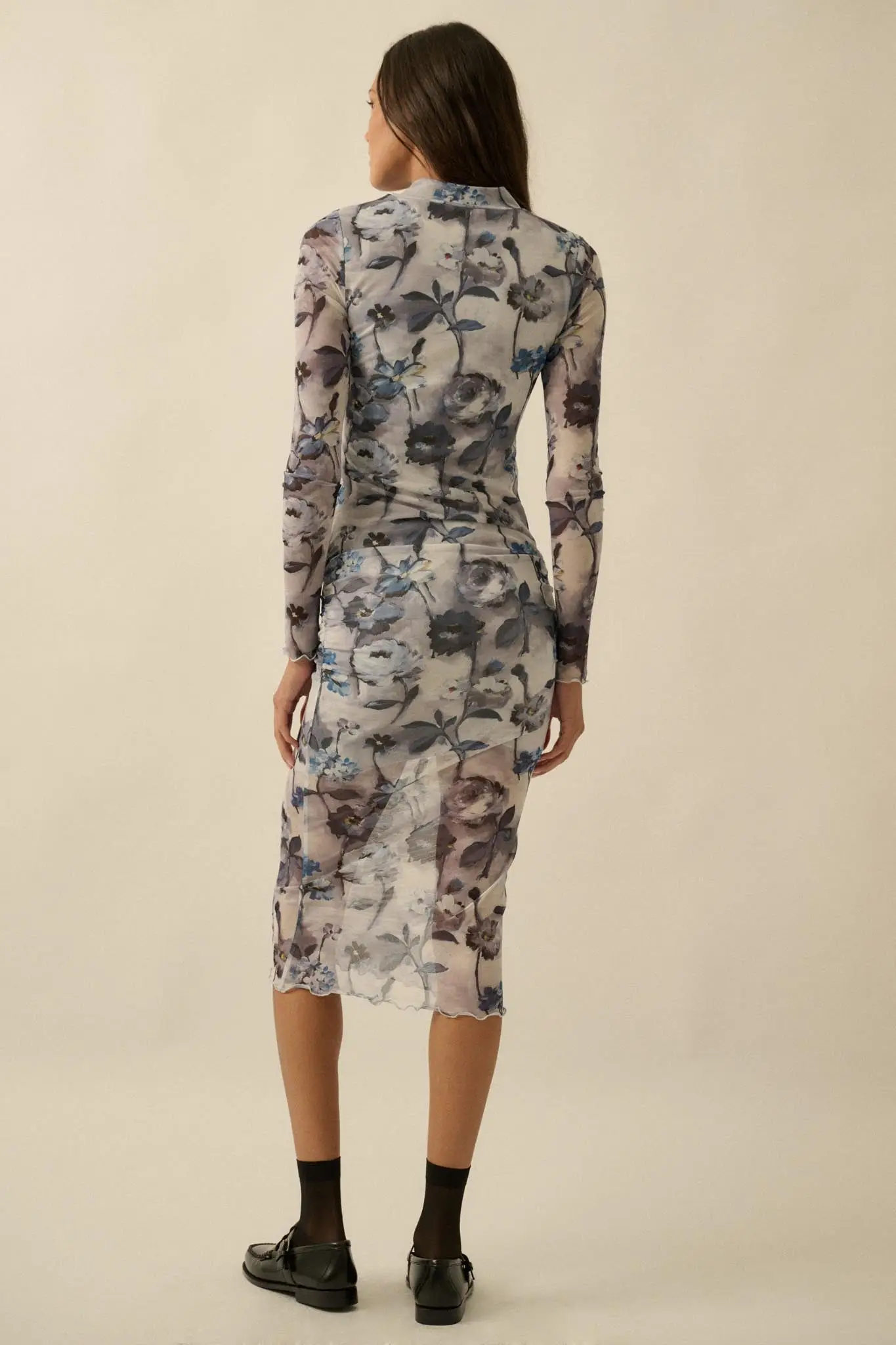 Watercolor Garden Floral Mesh Mock-Neck Midi Dress - Image 2