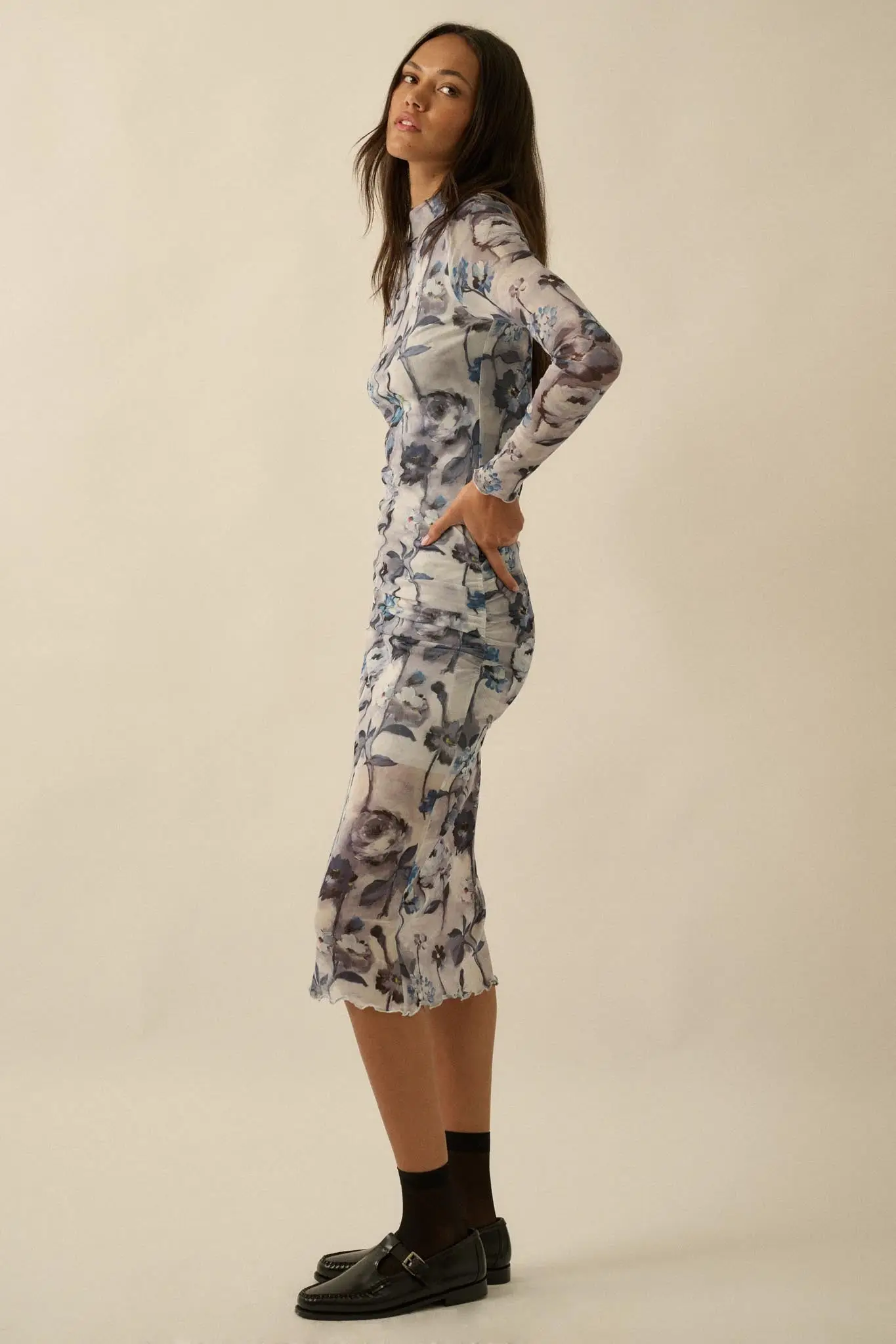 Watercolor Garden Floral Mesh Mock-Neck Midi Dress - Image 6