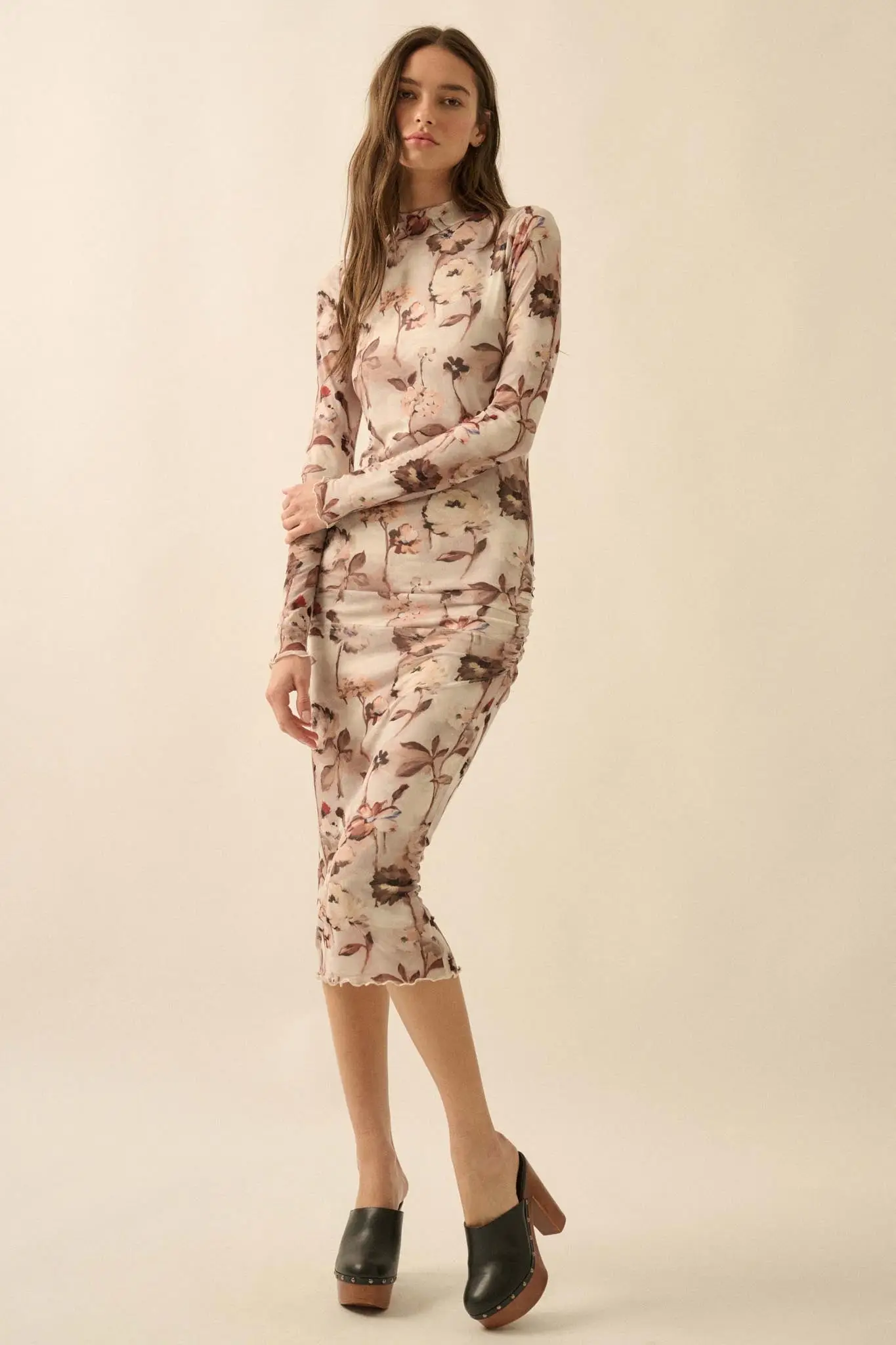 Watercolor Garden Floral Mesh Mock-Neck Midi Dress - Image 7