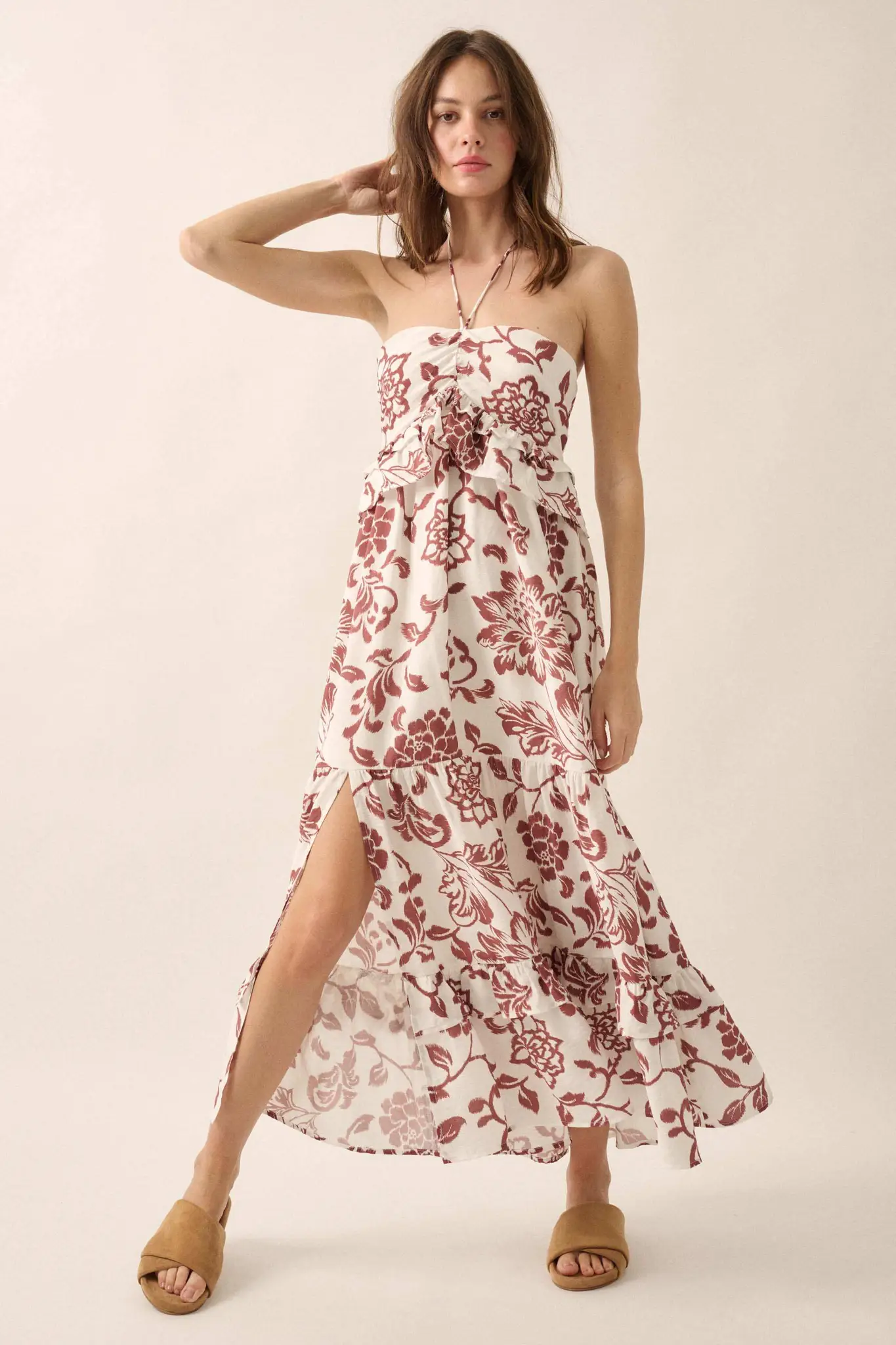 Way to Grow Floral Ruffled Halter Maxi Dress