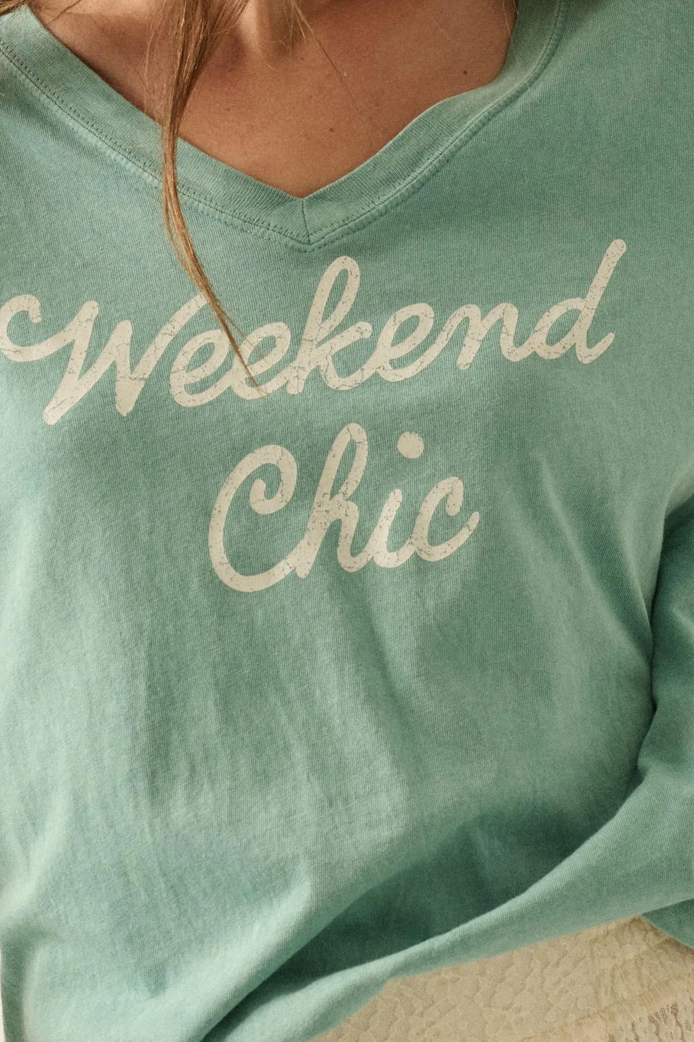 Weekend Chic Vintage-Wash V-Neck Graphic Tee - Image 2