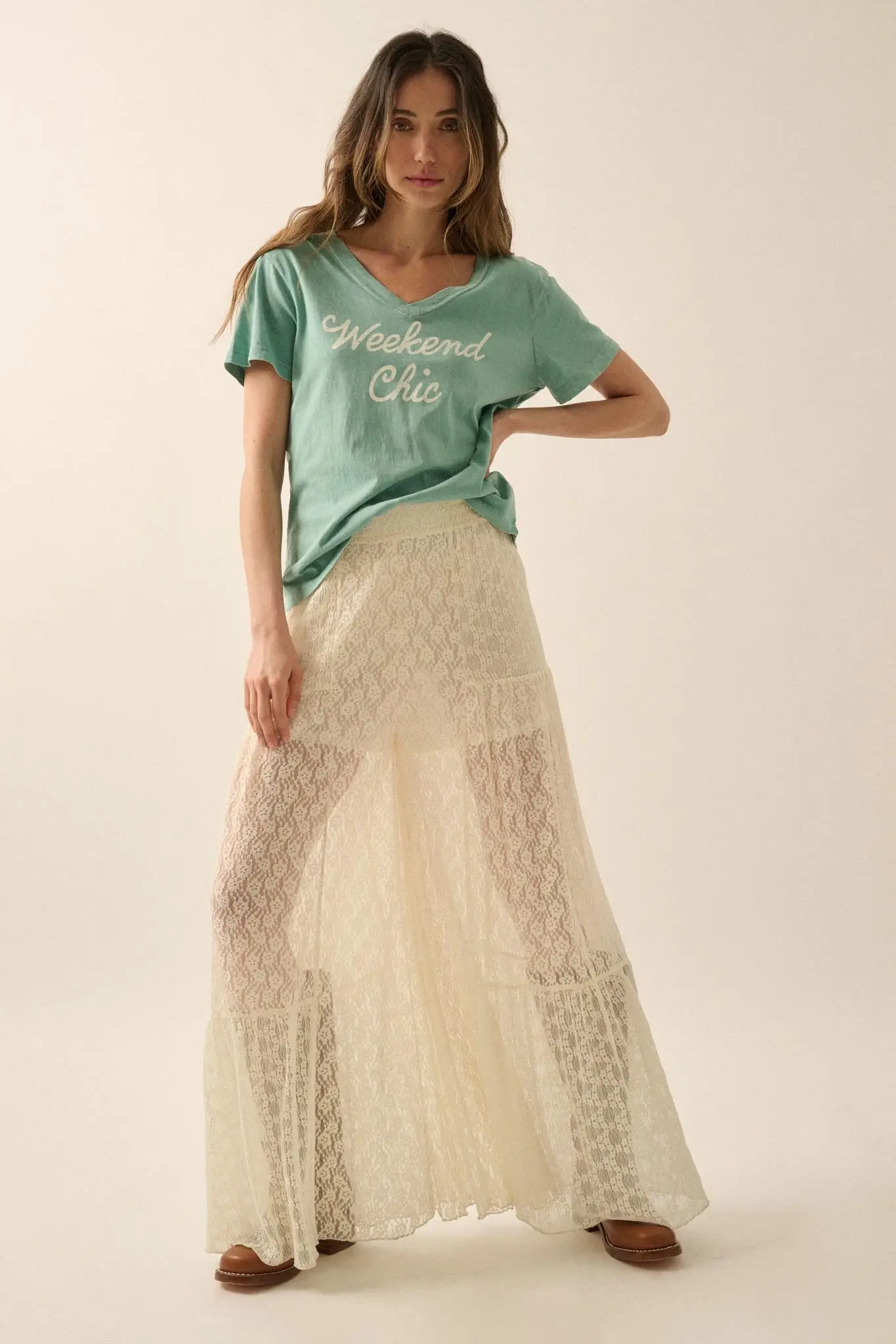 Weekend Chic Vintage-Wash V-Neck Graphic Tee - Image 3