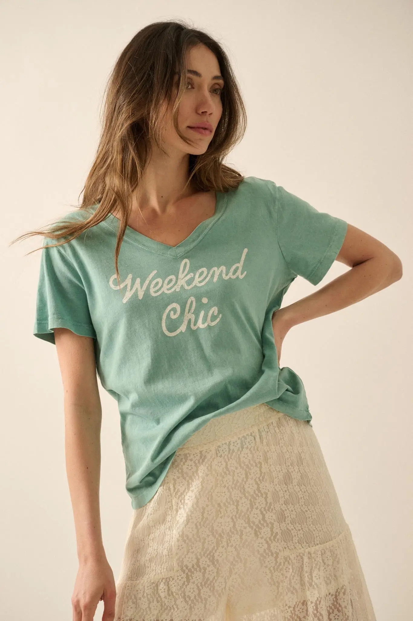 Weekend Chic Vintage-Wash V-Neck Graphic Tee - Image 4