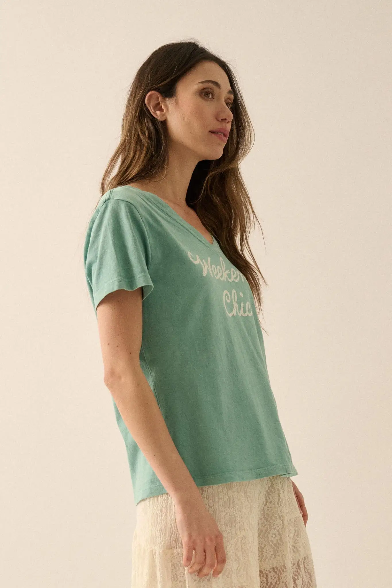 Weekend Chic Vintage-Wash V-Neck Graphic Tee - Image 5