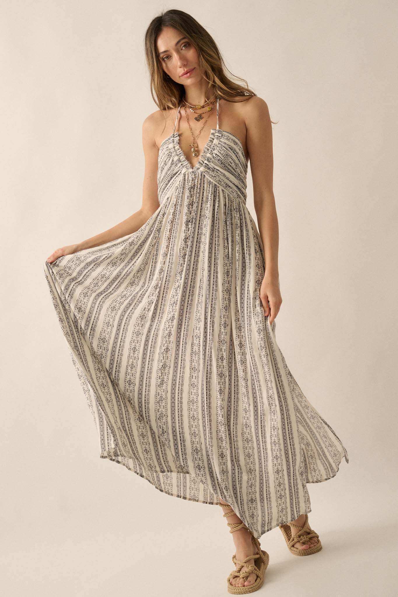 Well Traveled Geo-Print Striped Halter Maxi Dress - Image 4