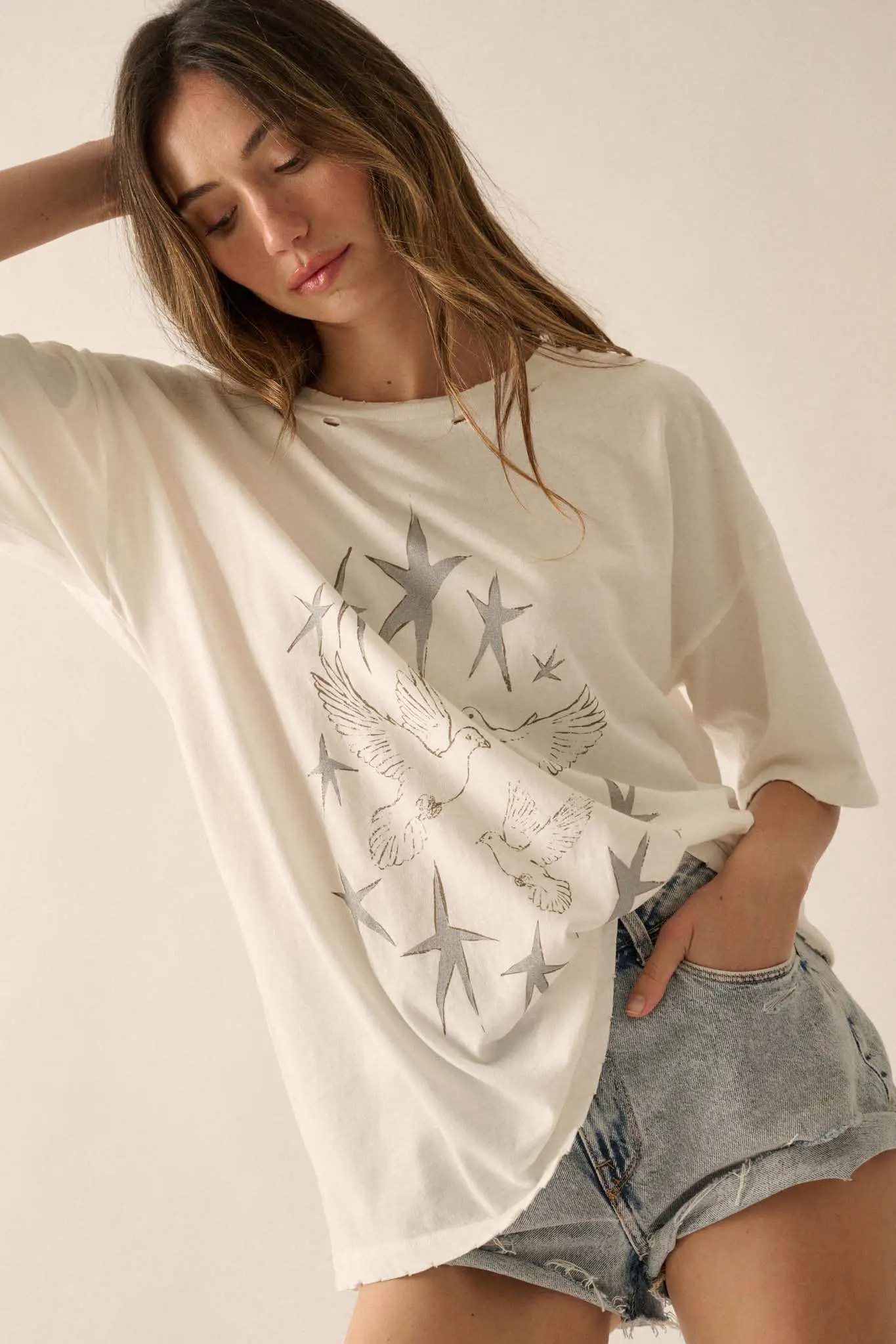 When Doves Fly Distressed Oversize Graphic Tee