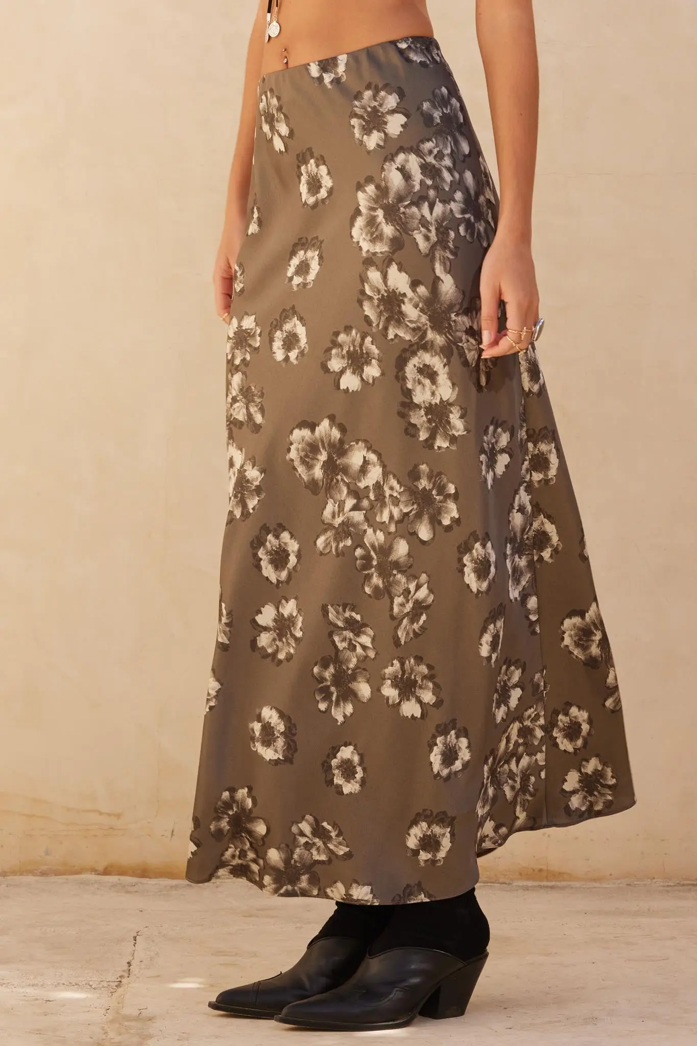 Whispering Petals Bias-Cut Floral Satin Maxi Skirt - Image 5