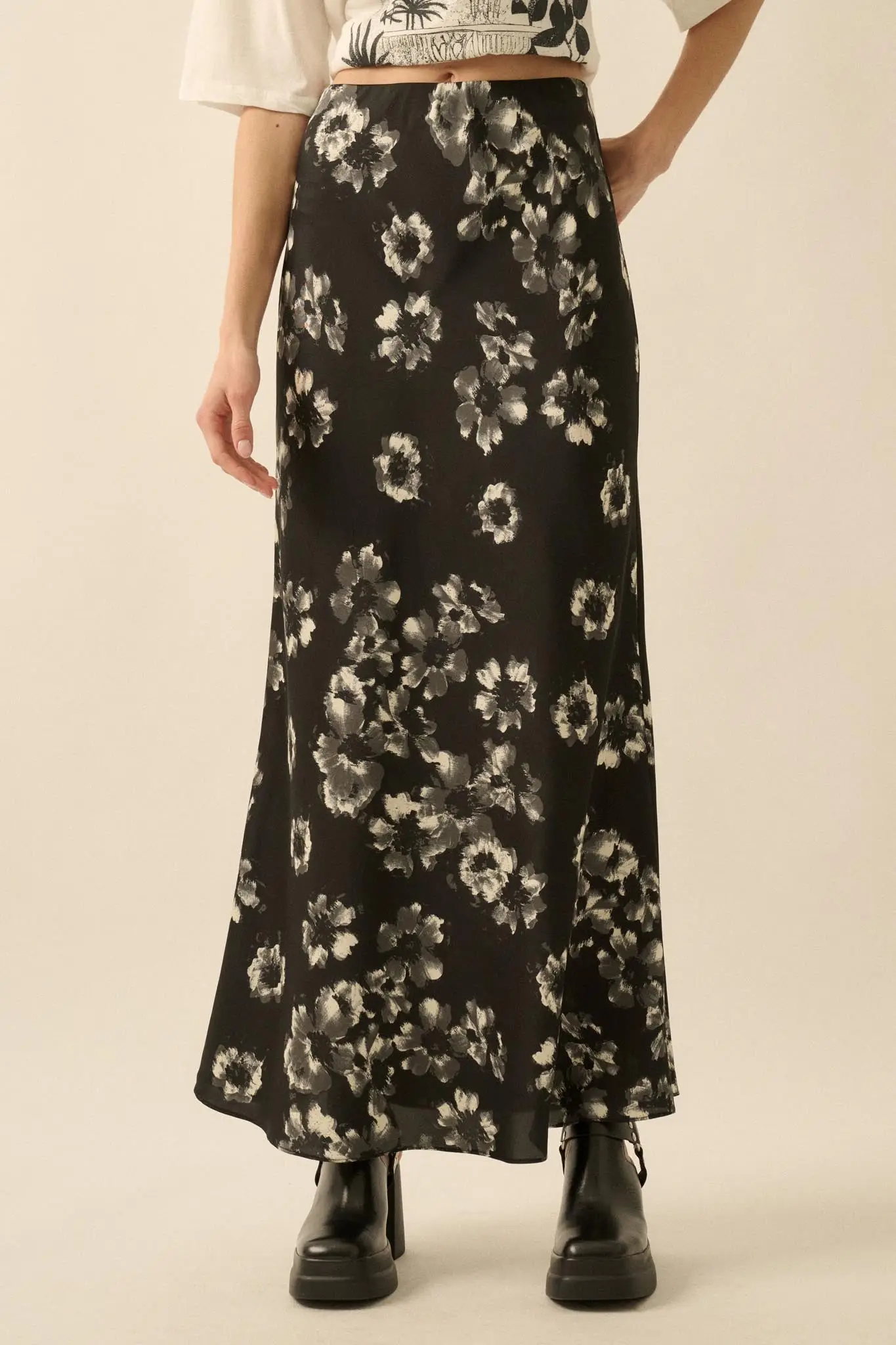 Whispering Petals Bias-Cut Floral Satin Maxi Skirt - Image 7