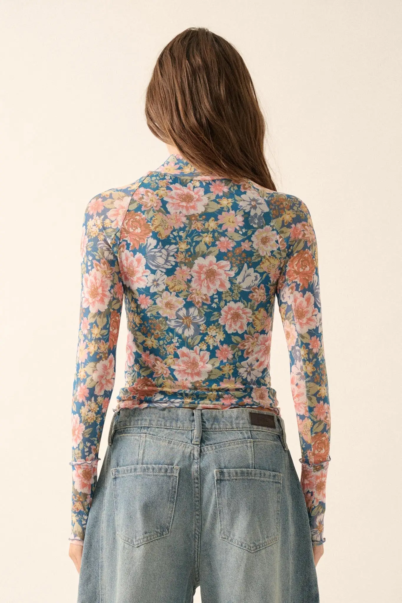 Wild Blooms Floral Mesh Mock-Neck Thumbhole Top - Image 2