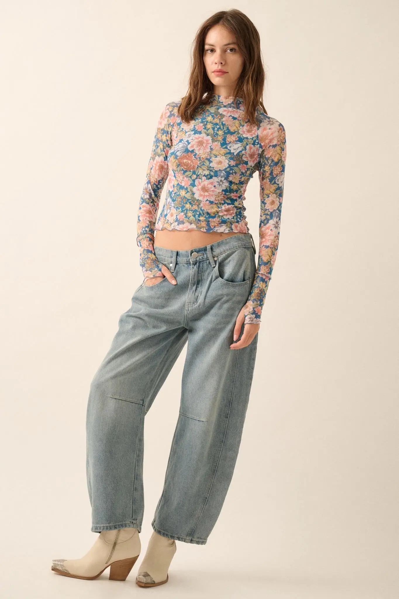 Wild Blooms Floral Mesh Mock-Neck Thumbhole Top - Image 3