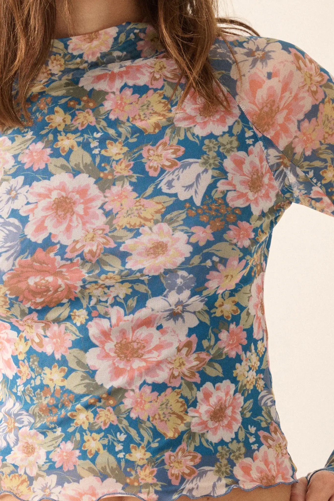 Wild Blooms Floral Mesh Mock-Neck Thumbhole Top - Image 4