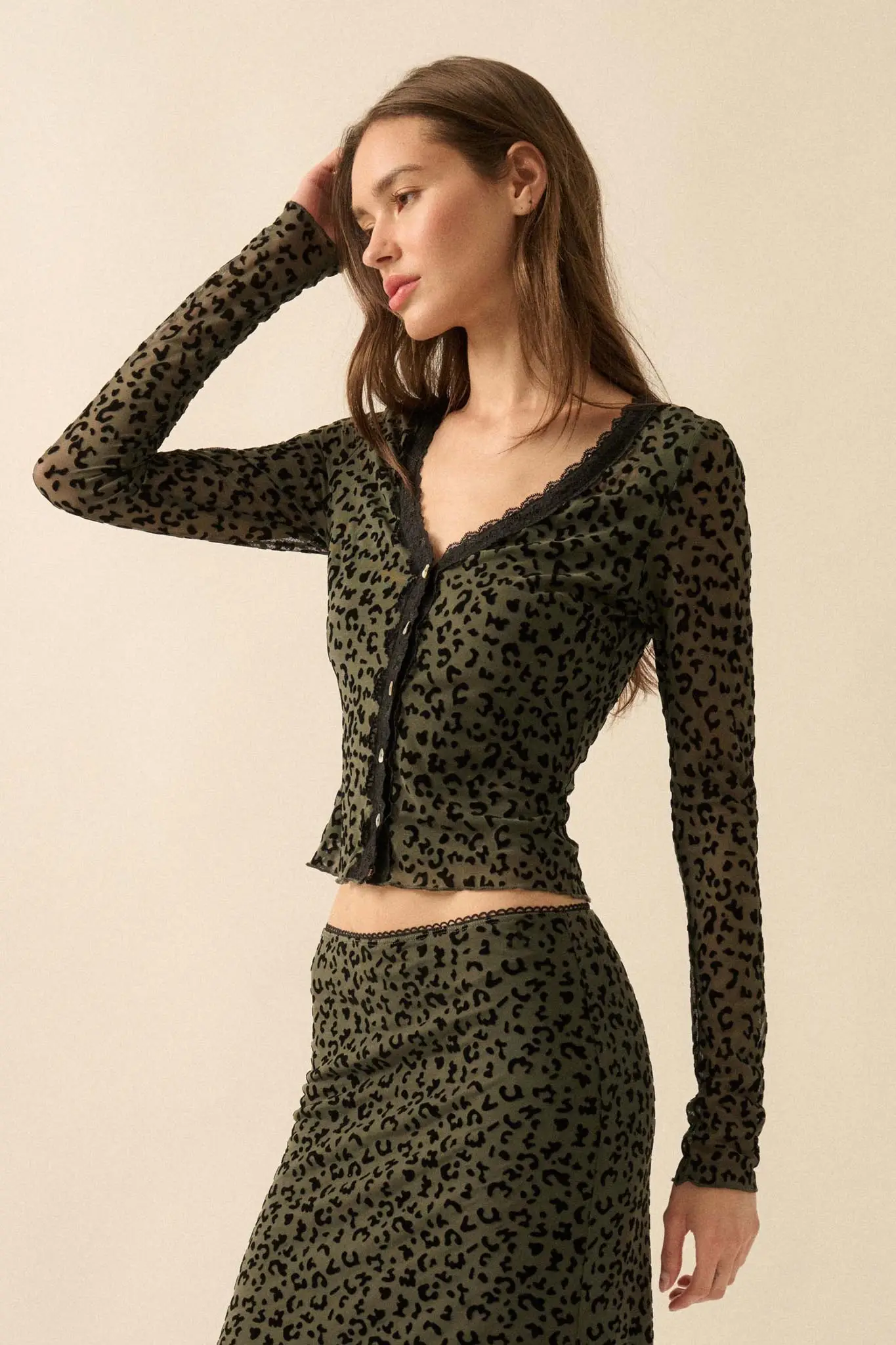 Wild Child Leopard Mesh Button-Front V-Neck Top - Image 10