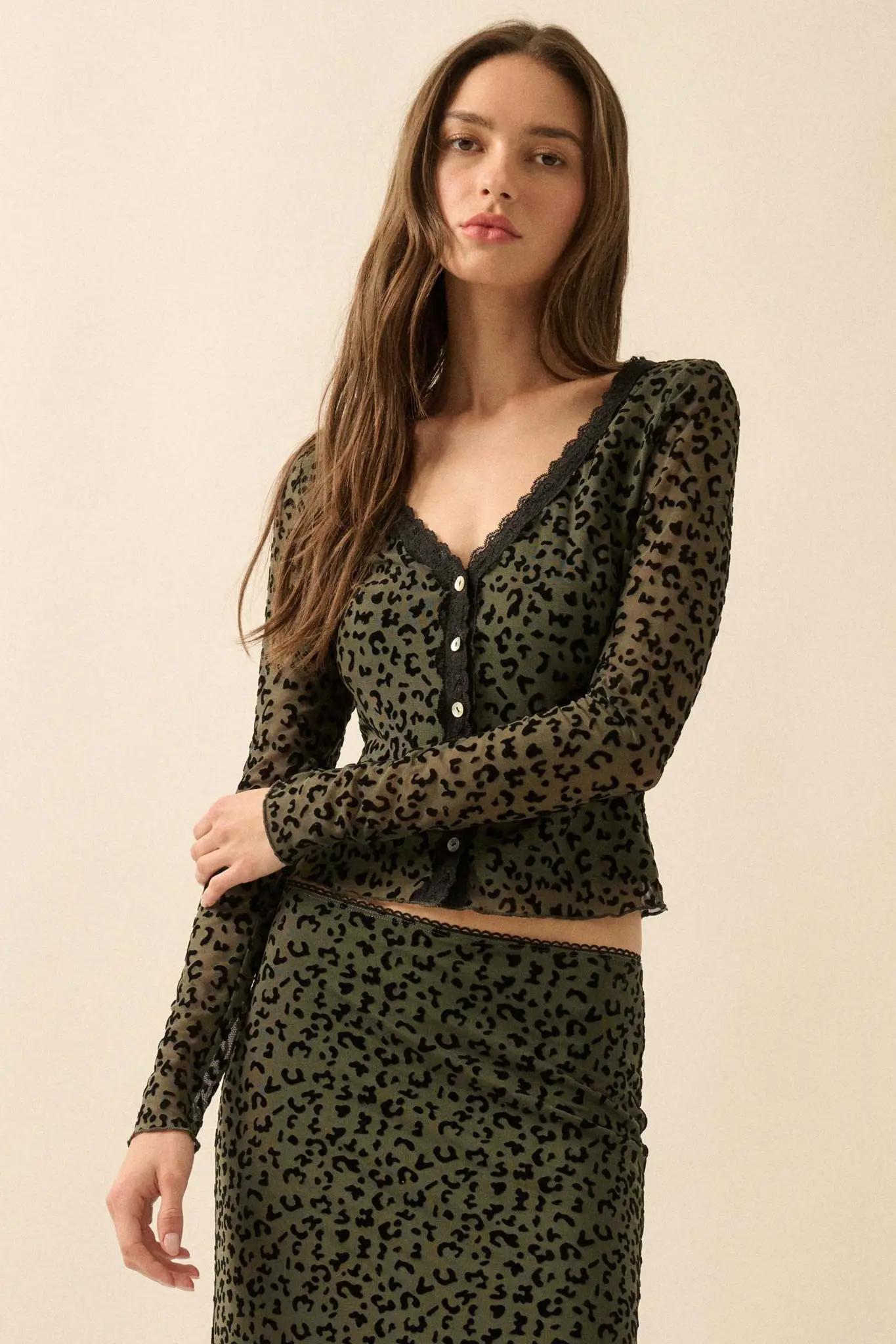 Wild Child Leopard Mesh Button-Front V-Neck Top - Image 12